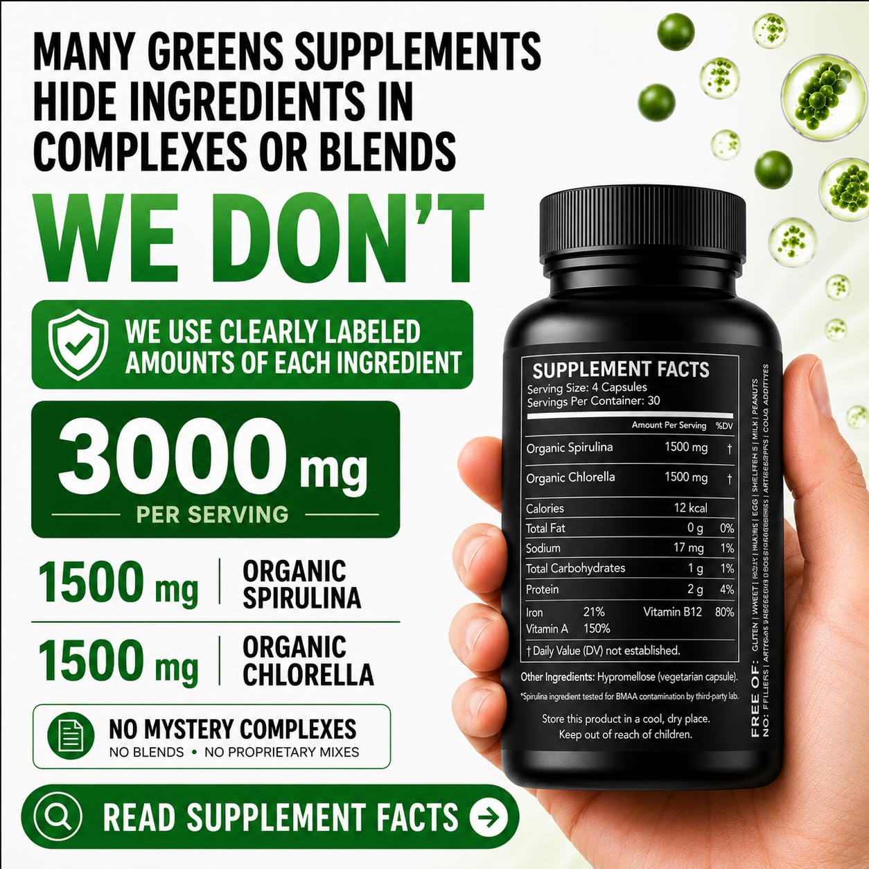 HCL HERBAL CODE LABS Spirulina Chlorella Capsules side view