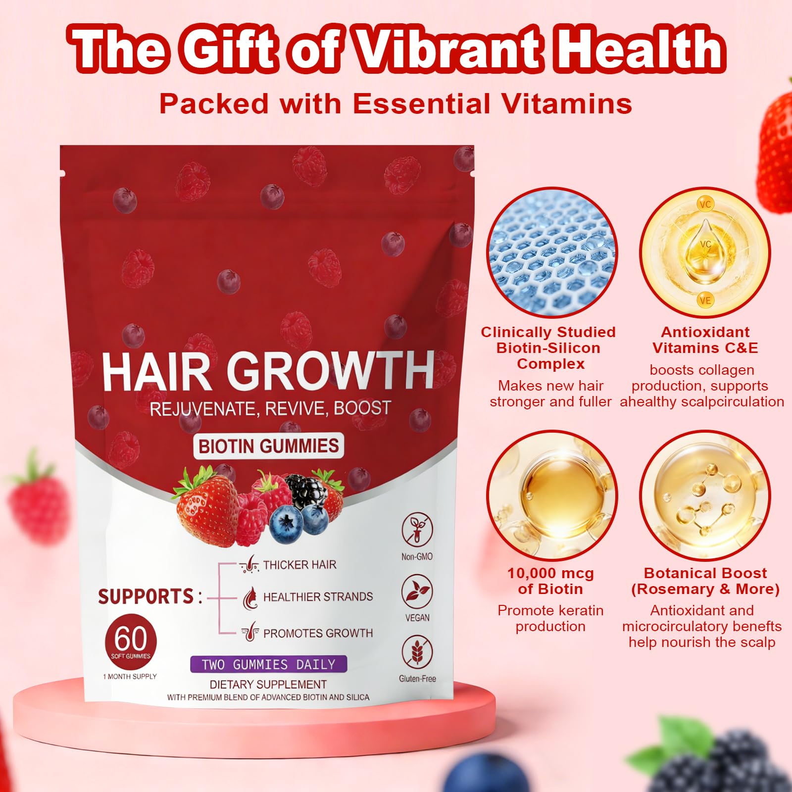 HDFREO Lumin Hair Growth Gummies mixed berry flavour close-up