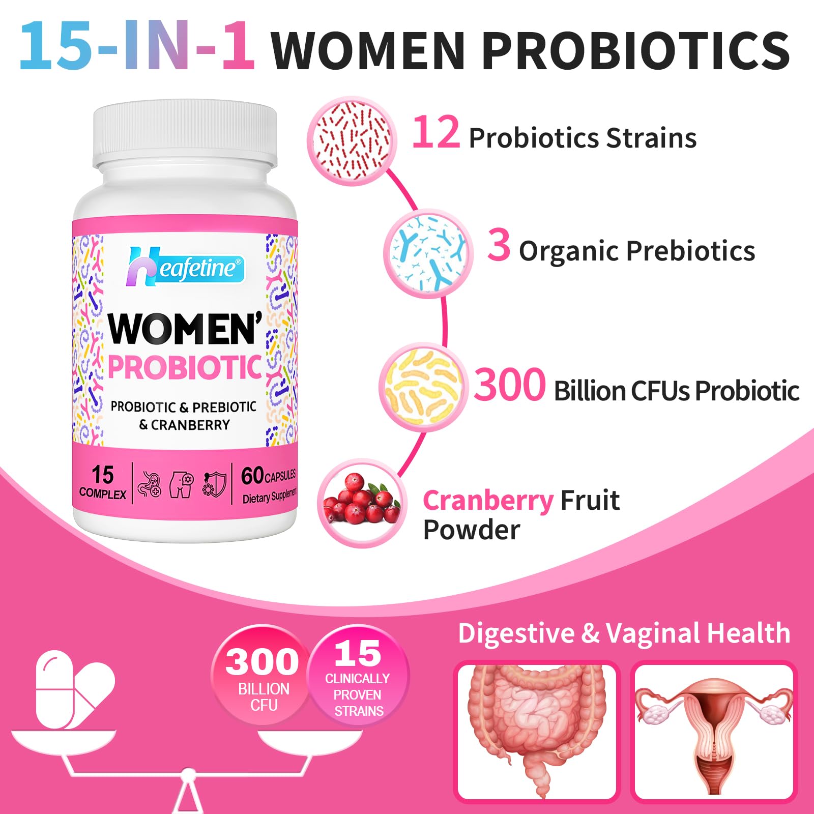 Heafetine Women's Probiotic bottle back view with ingredient list