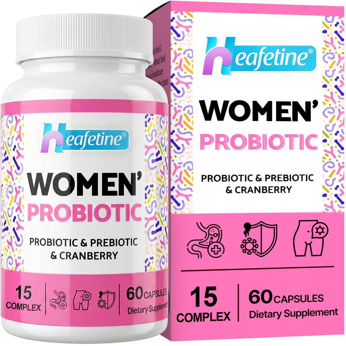 Heafetine Women's Probiotic bottle front view with 60 capsules