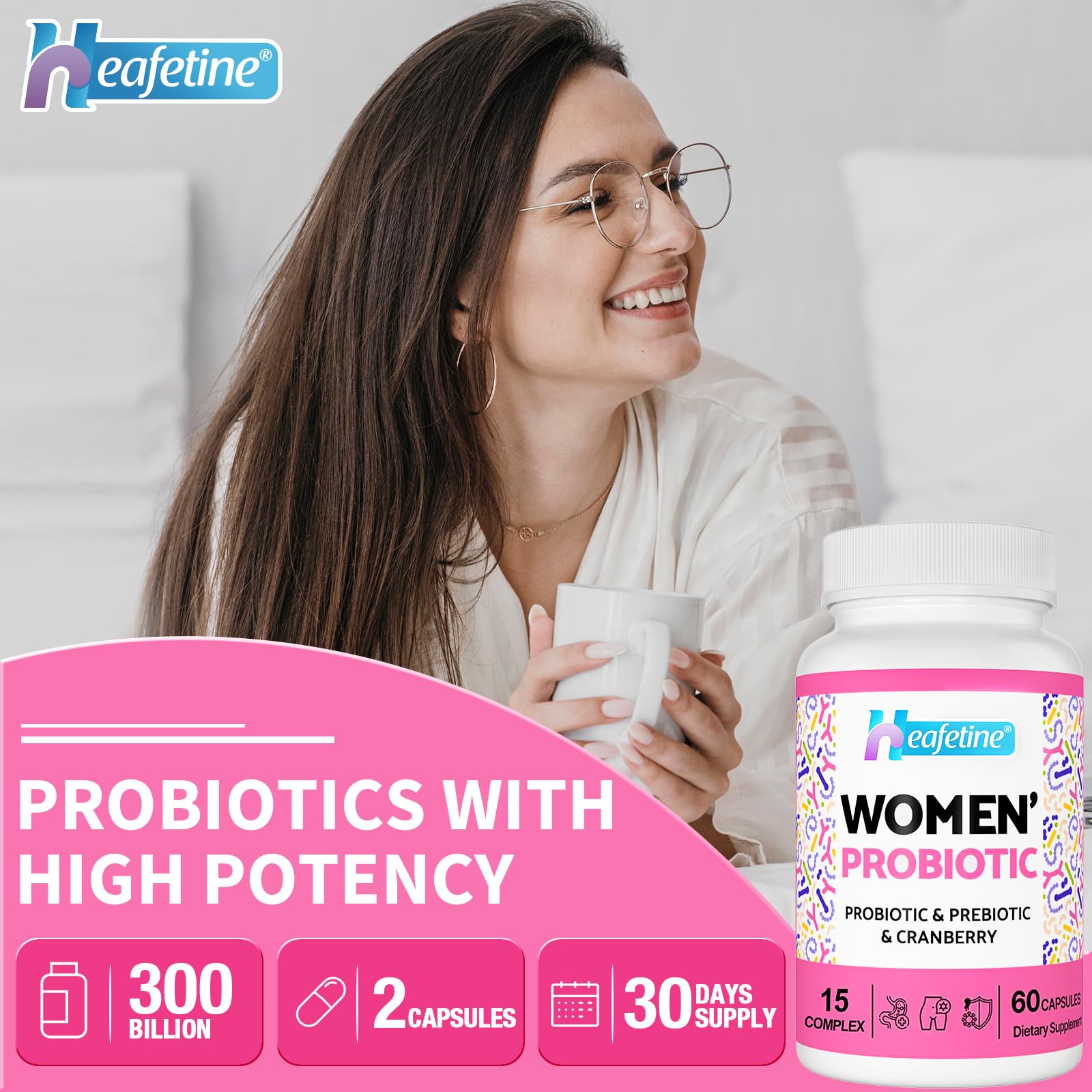 Heafetine Women's Probiotic capsules in a hand for size comparison