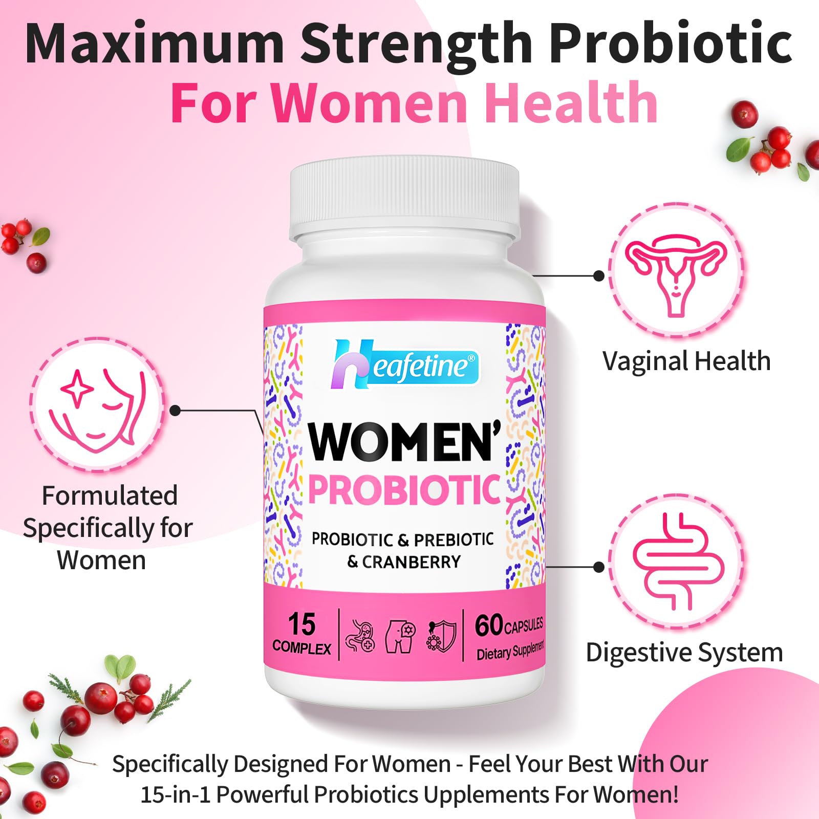 Heafetine Women's Probiotic with a glass of water