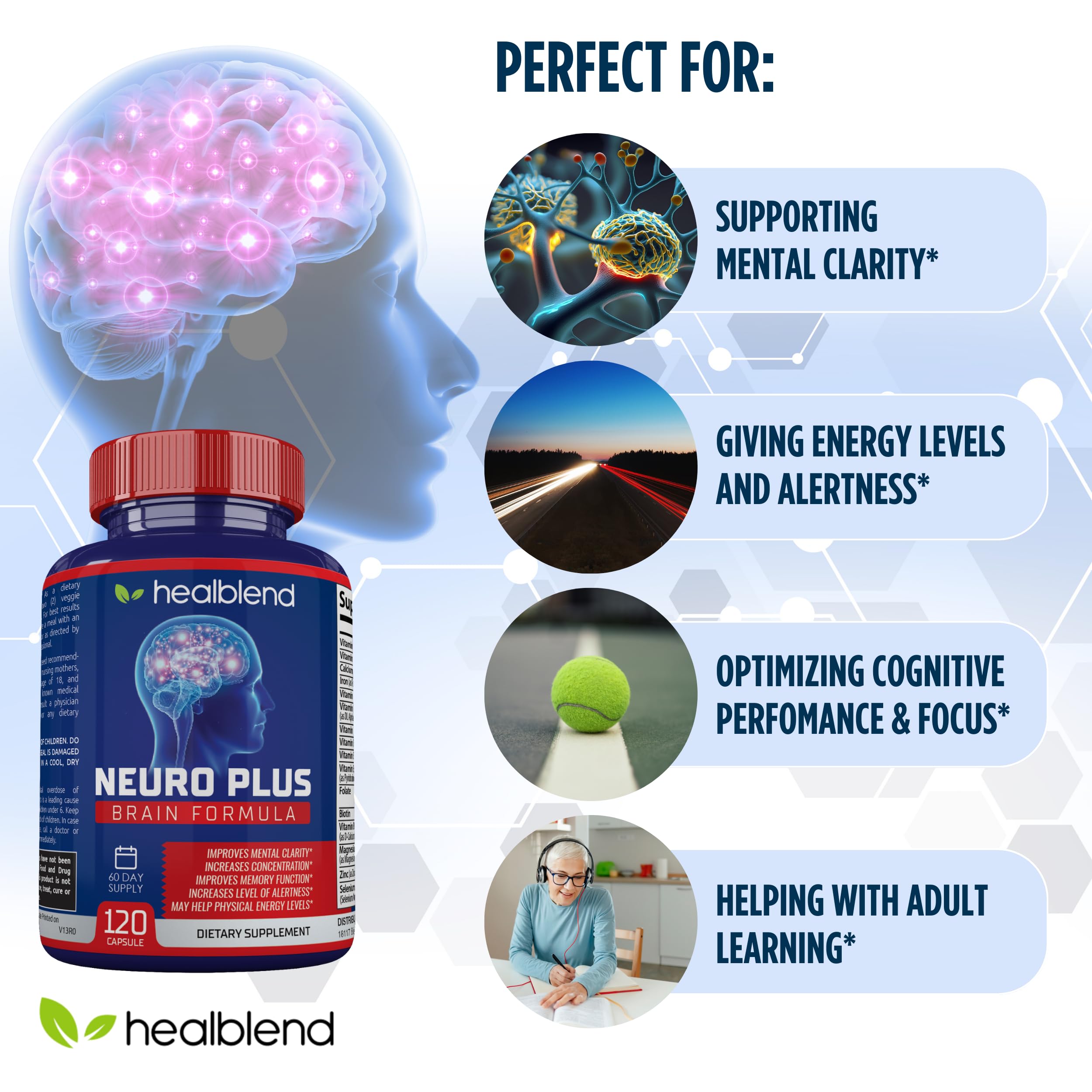healblend Neuro Plus Brain & Focus Supplement bottle with label