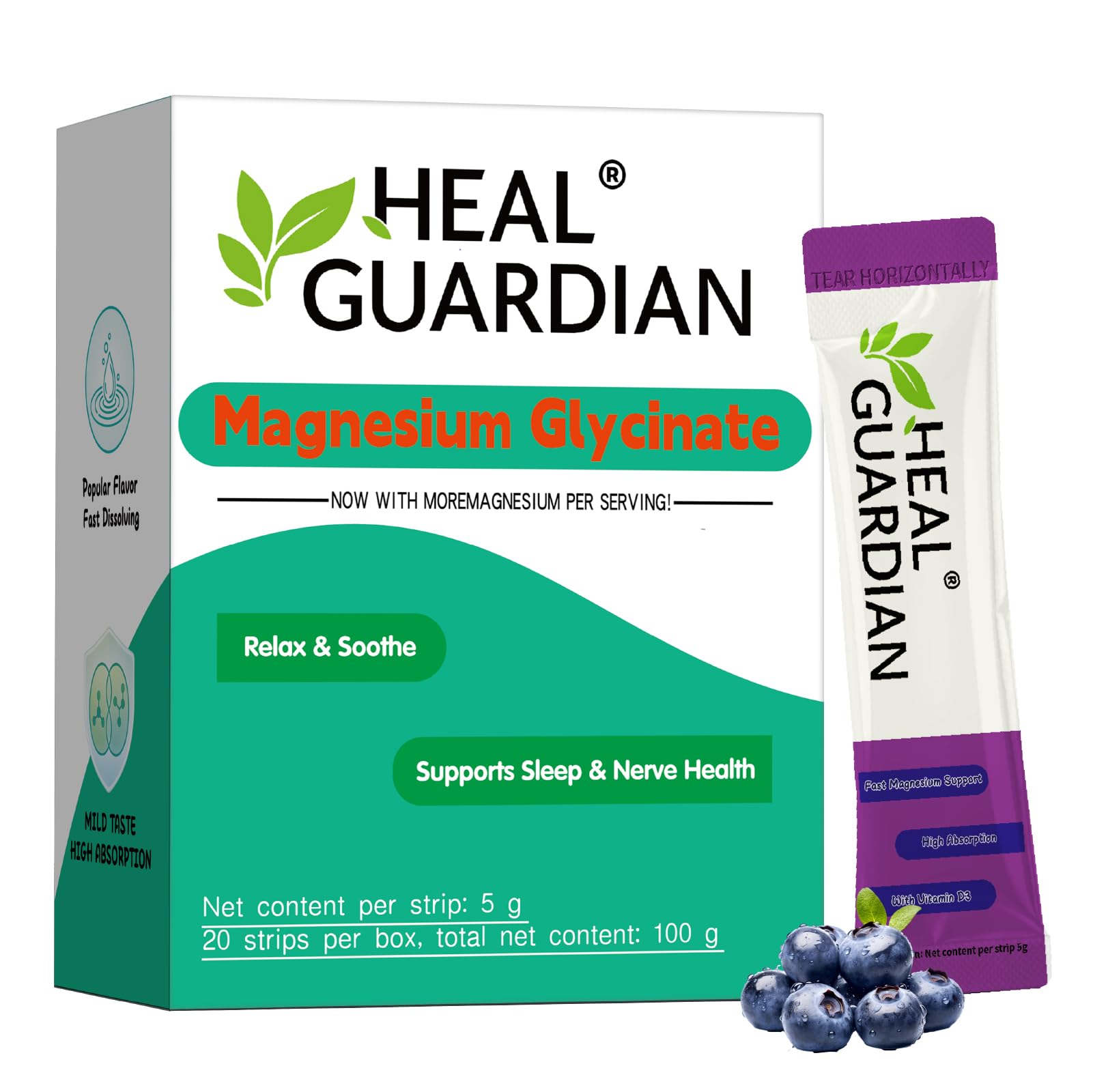 HEALGUARDIAN Magnesium Powder Drink Mix Blueberry flavour front view