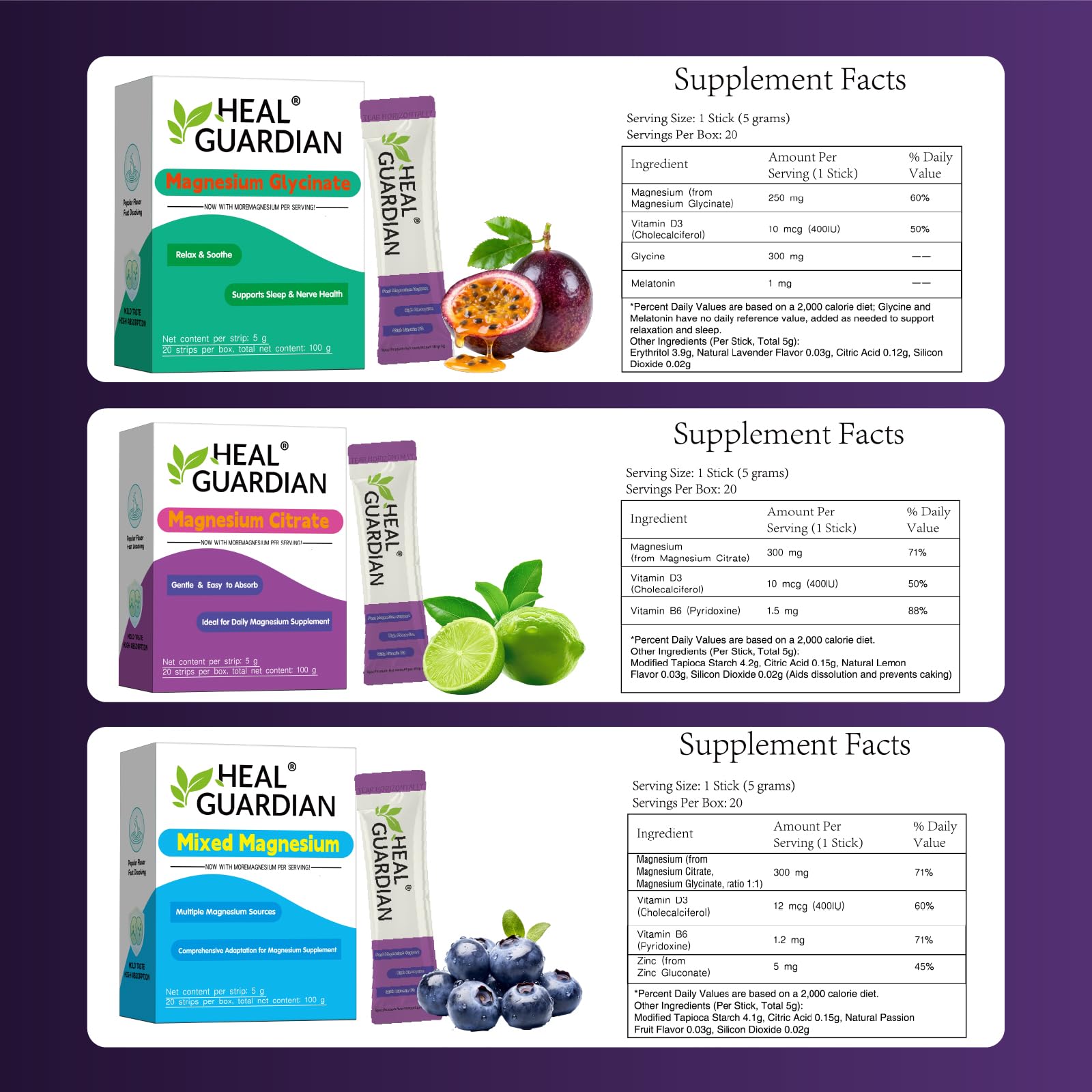 HEALGUARDIAN Magnesium Powder Drink Mix packaging with 20 packets