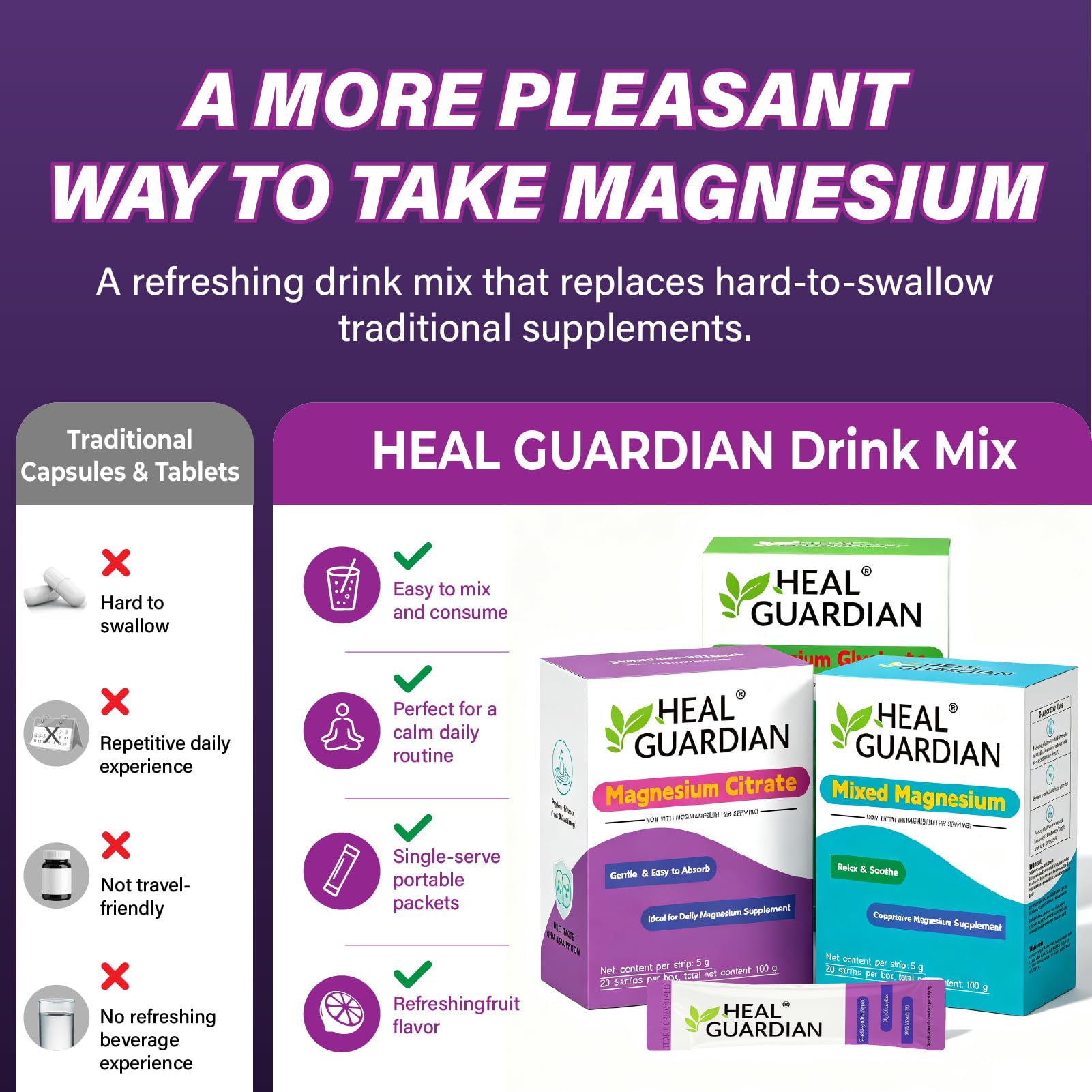 HEALGUARDIAN Magnesium Powder Drink Mix packets in a gym bag