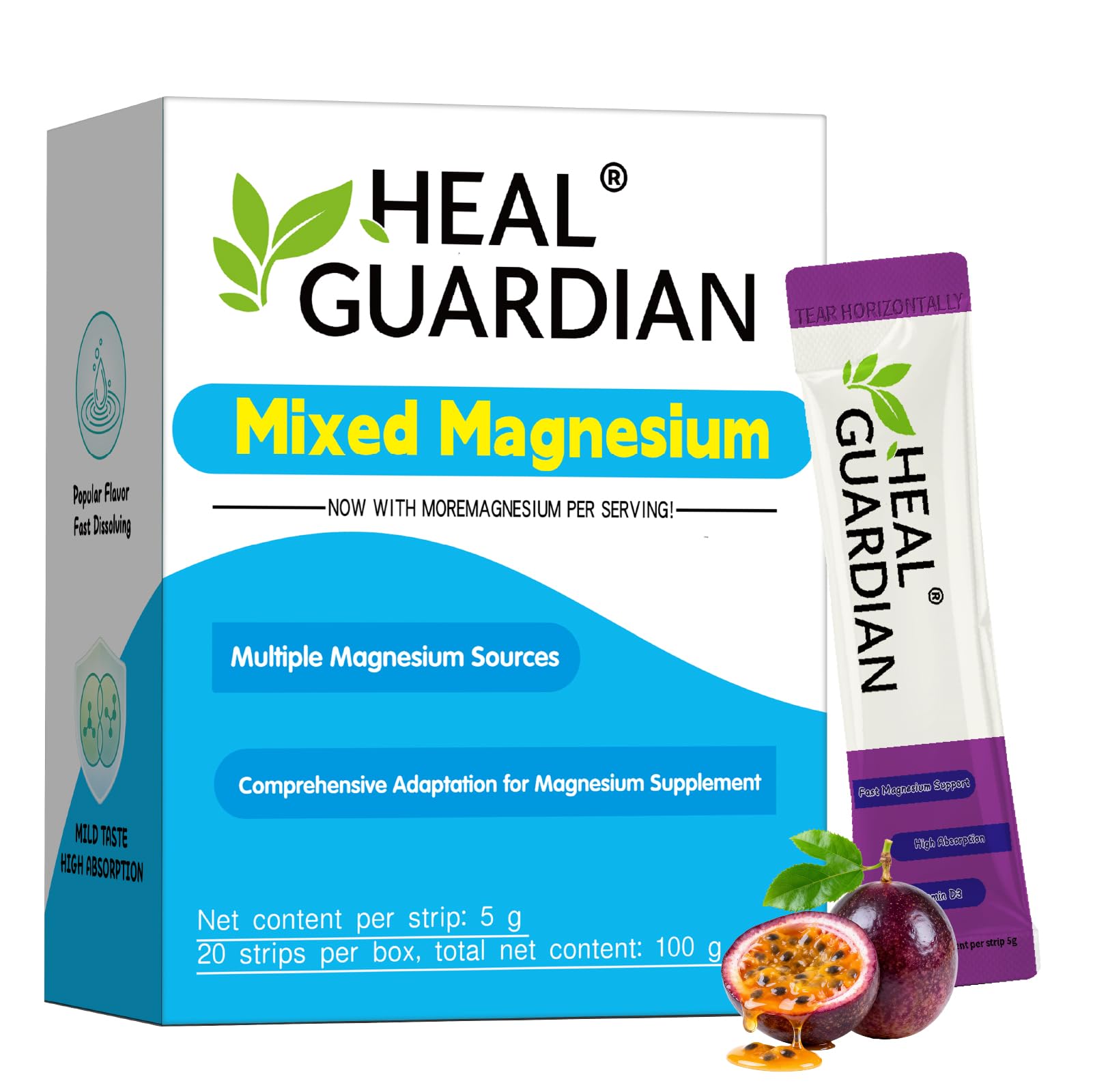 HEALGUARDIAN Magnesium Powder Drink Mix Passion Fruit front view