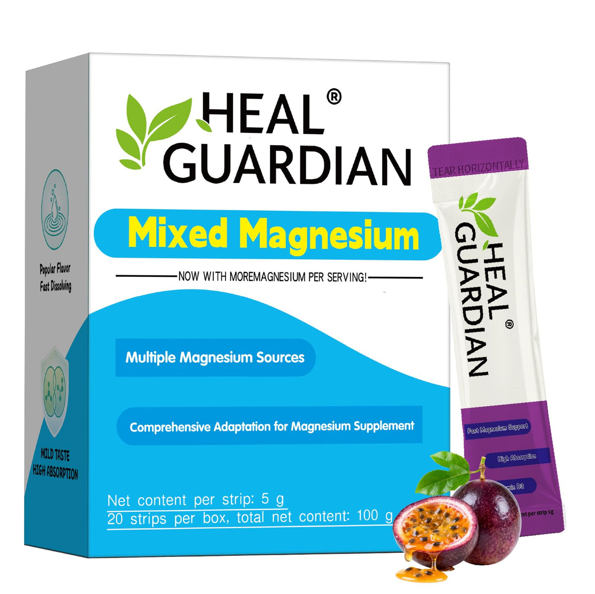 HEALGUARDIAN Magnesium Powder Drink Mix Passion Fruit front view