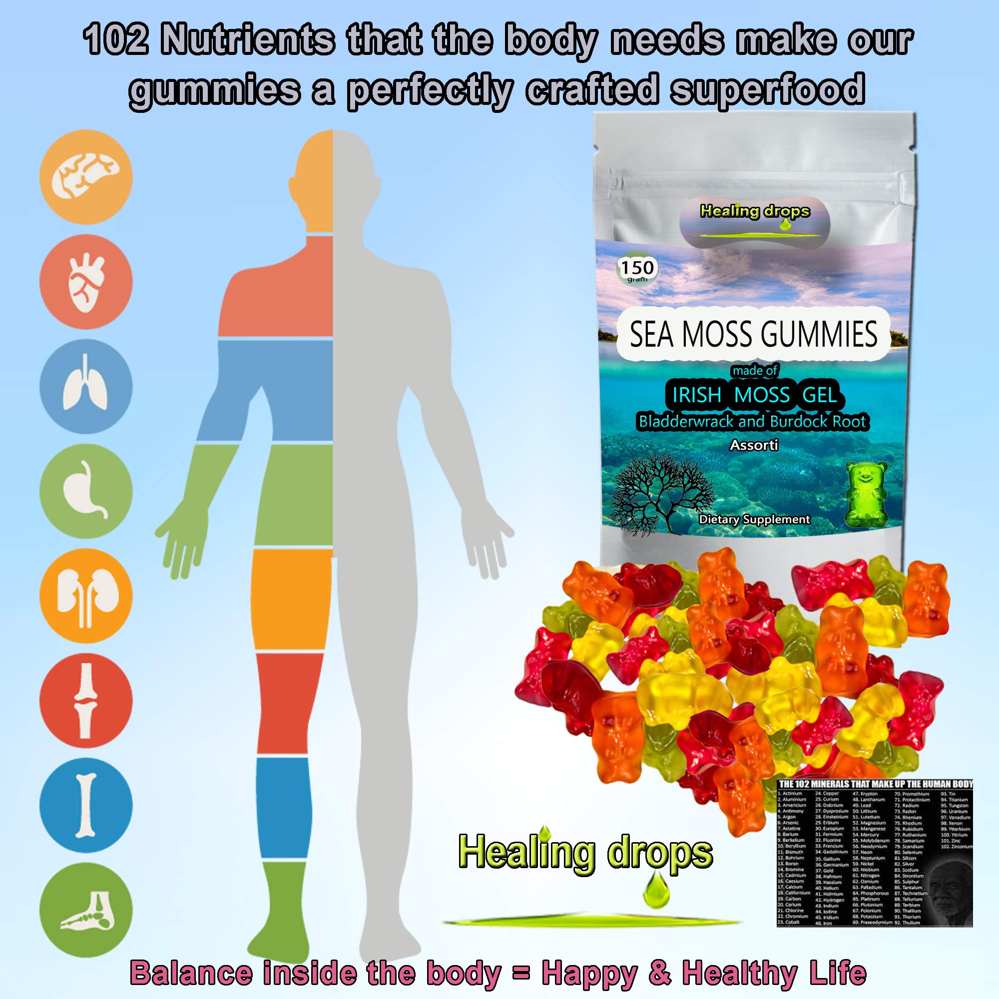 HEALING DROPS Sea Moss Gummies displayed with fresh sea moss