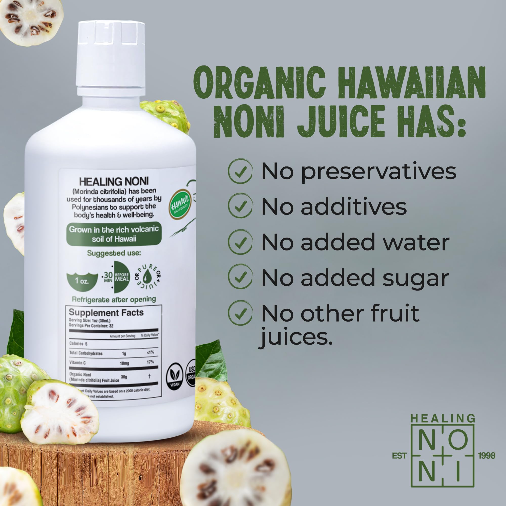 Healing Noni Noni Juice 1065g back view with ingredients