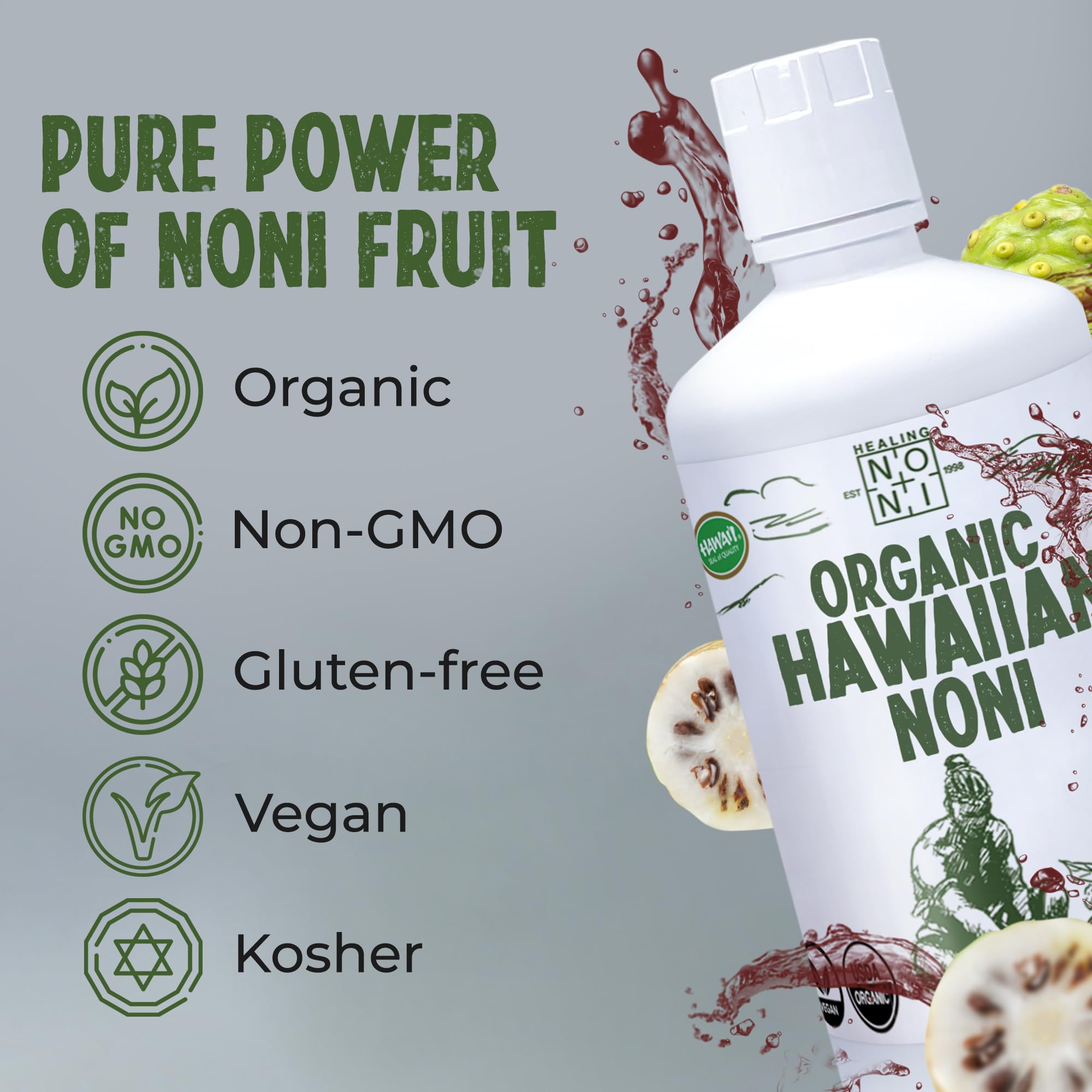Healing Noni Noni Juice 1065g in a glass with a splash