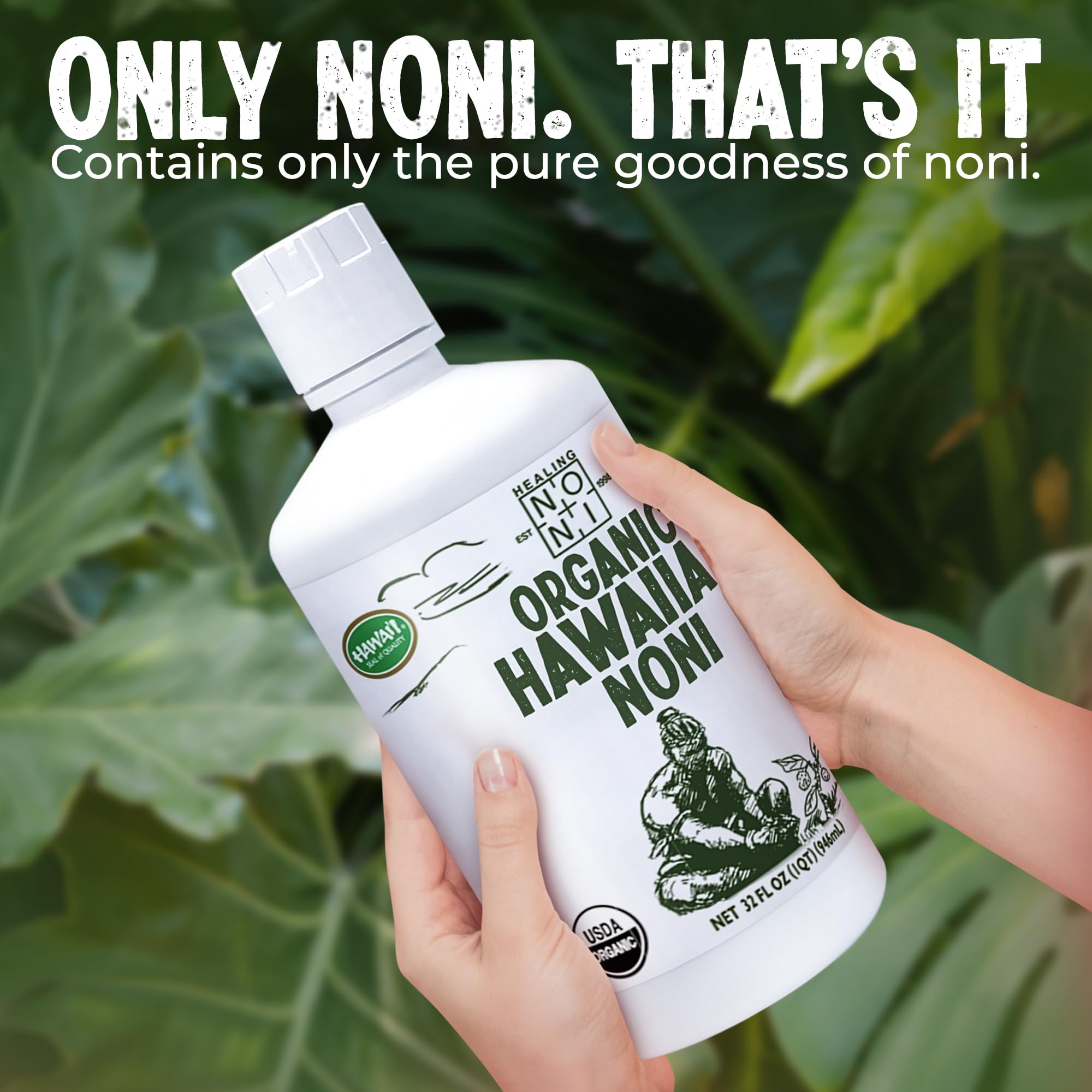 Healing Noni Noni Juice 1065g on a wooden table