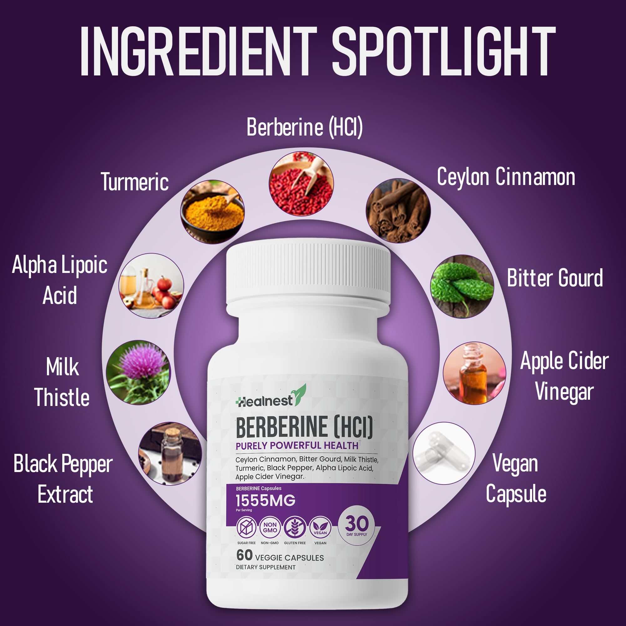 HEALNEST Berberine Supplement bottle with a measuring spoon