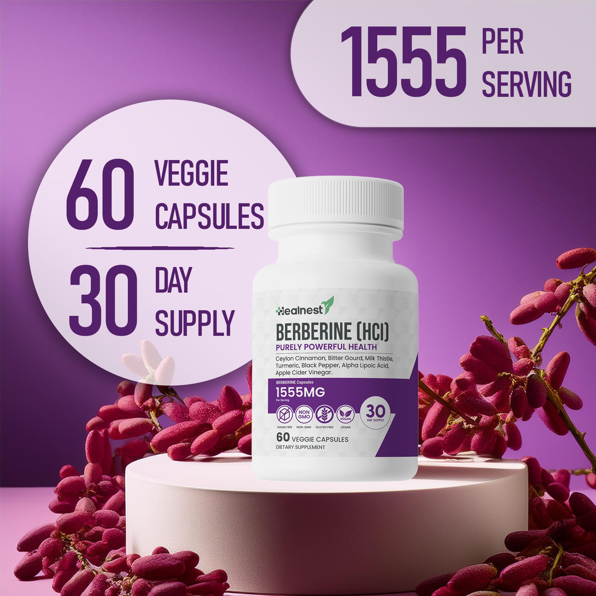 HEALNEST Berberine Supplement capsules on a wooden table