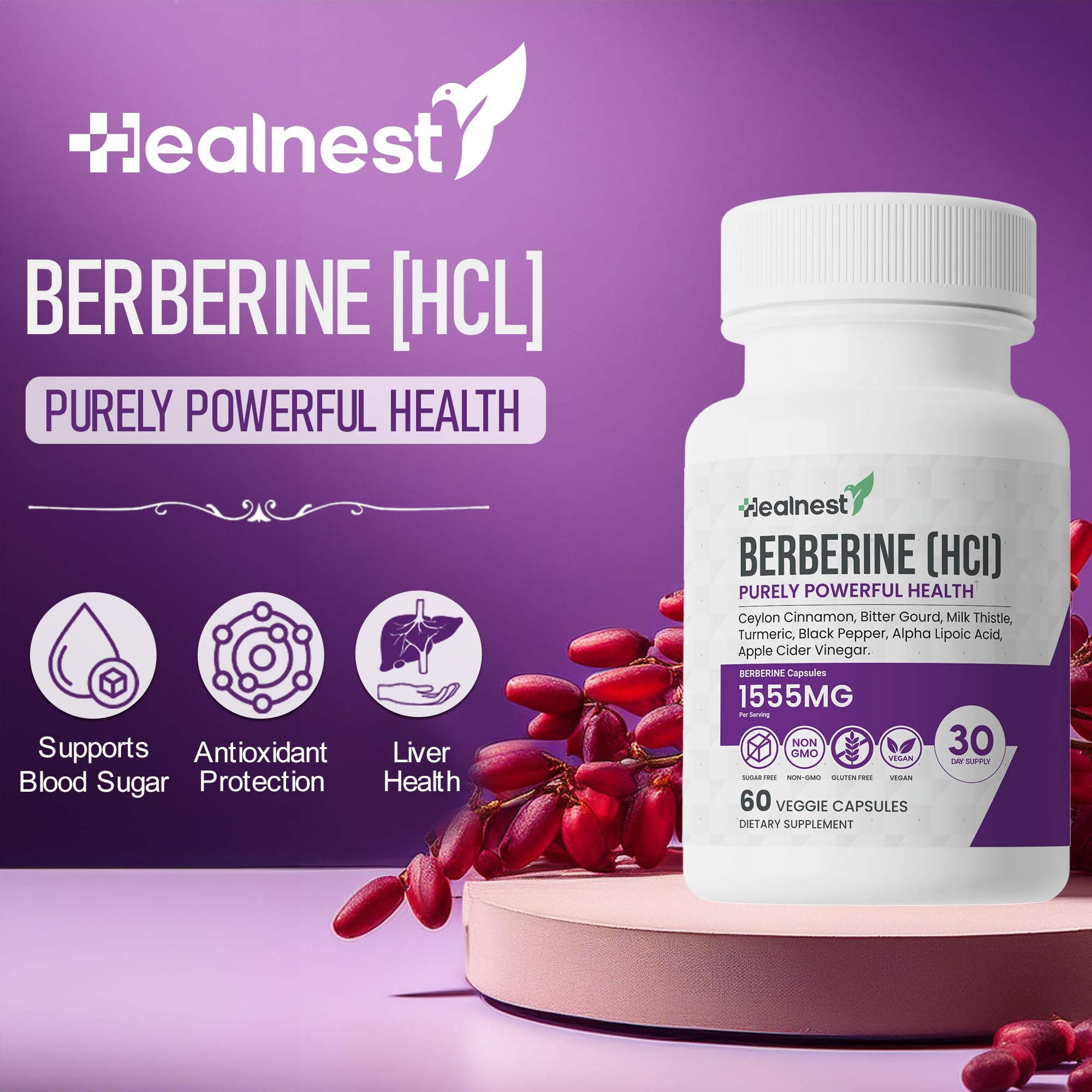 HEALNEST Berberine Supplement side view with ingredients list