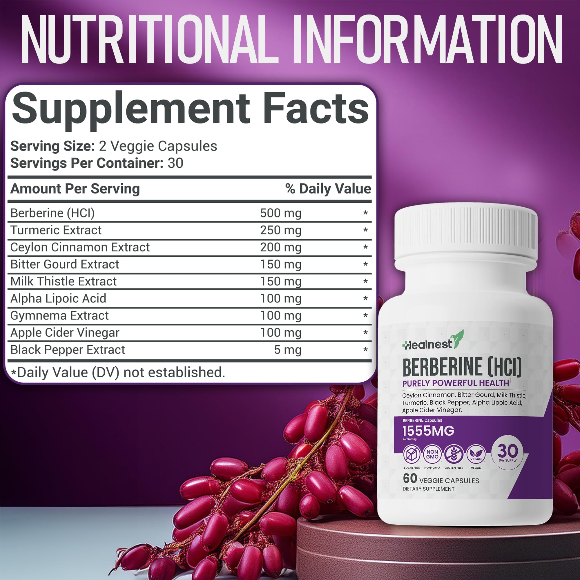 HEALNEST Berberine Supplement with turmeric and cinnamon background