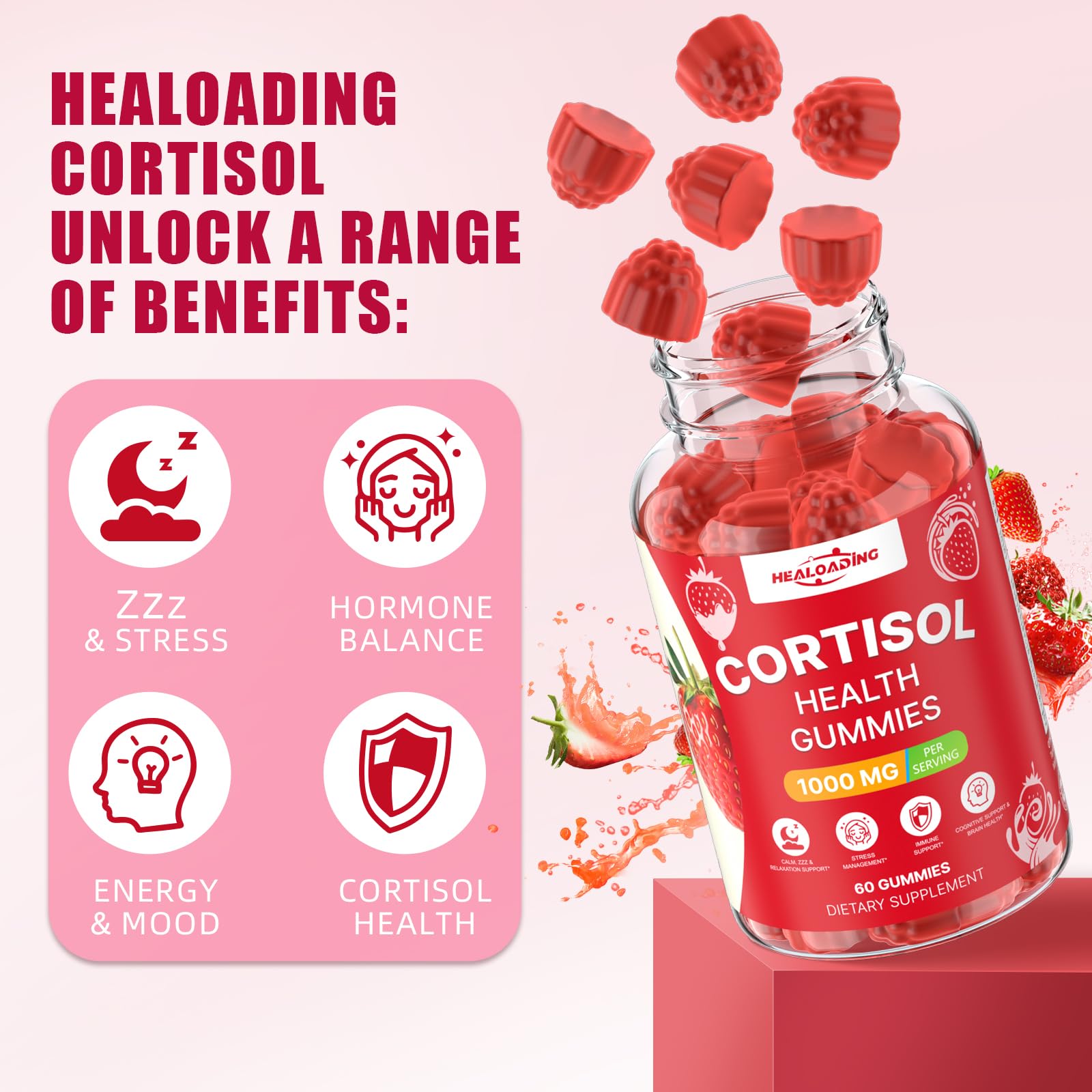 HEALOADING Cortisol Gummies on a wooden table