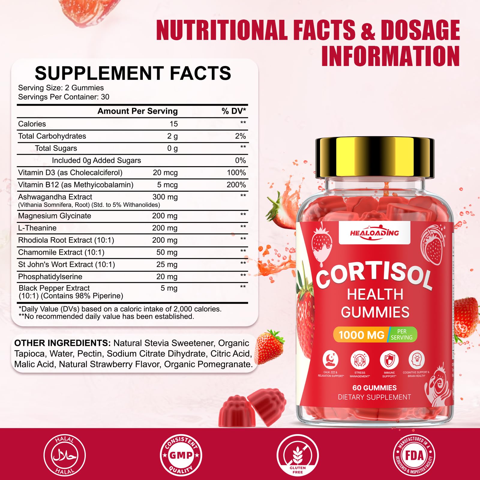 HEALOADING Cortisol Gummies showing strawberry flavour