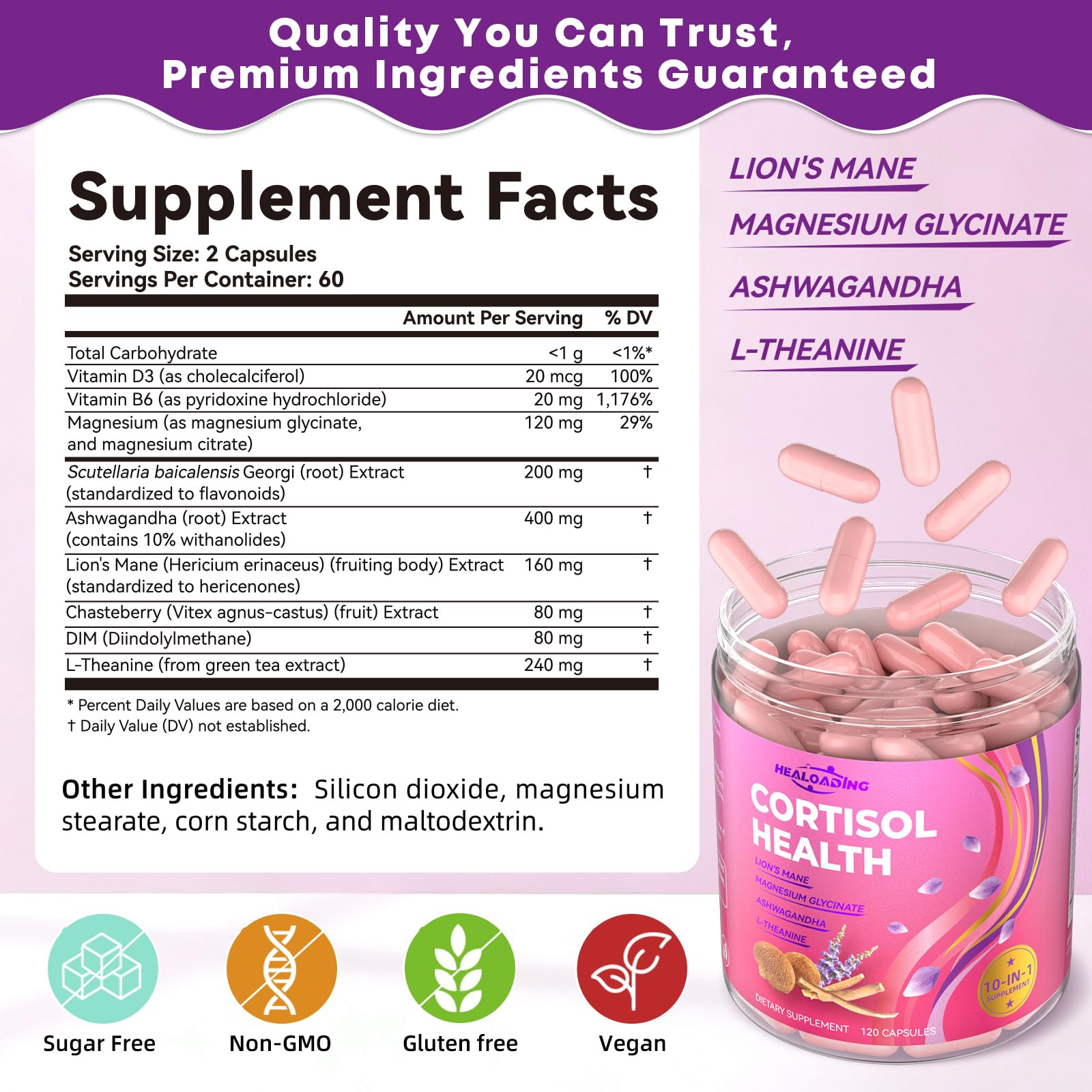 HEALOADING Cortisol Reducer Supplements bottle side view