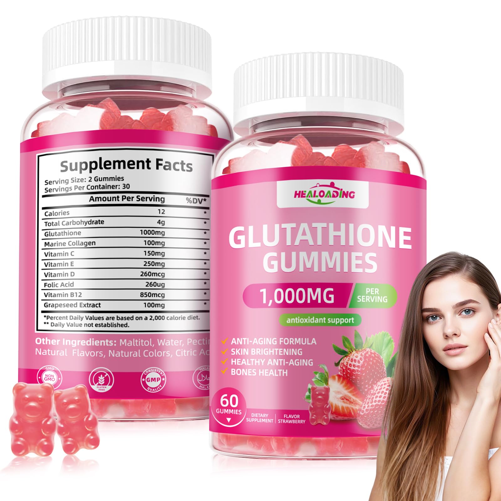 HEALOADING L-Glutamine Gummies with fresh strawberries