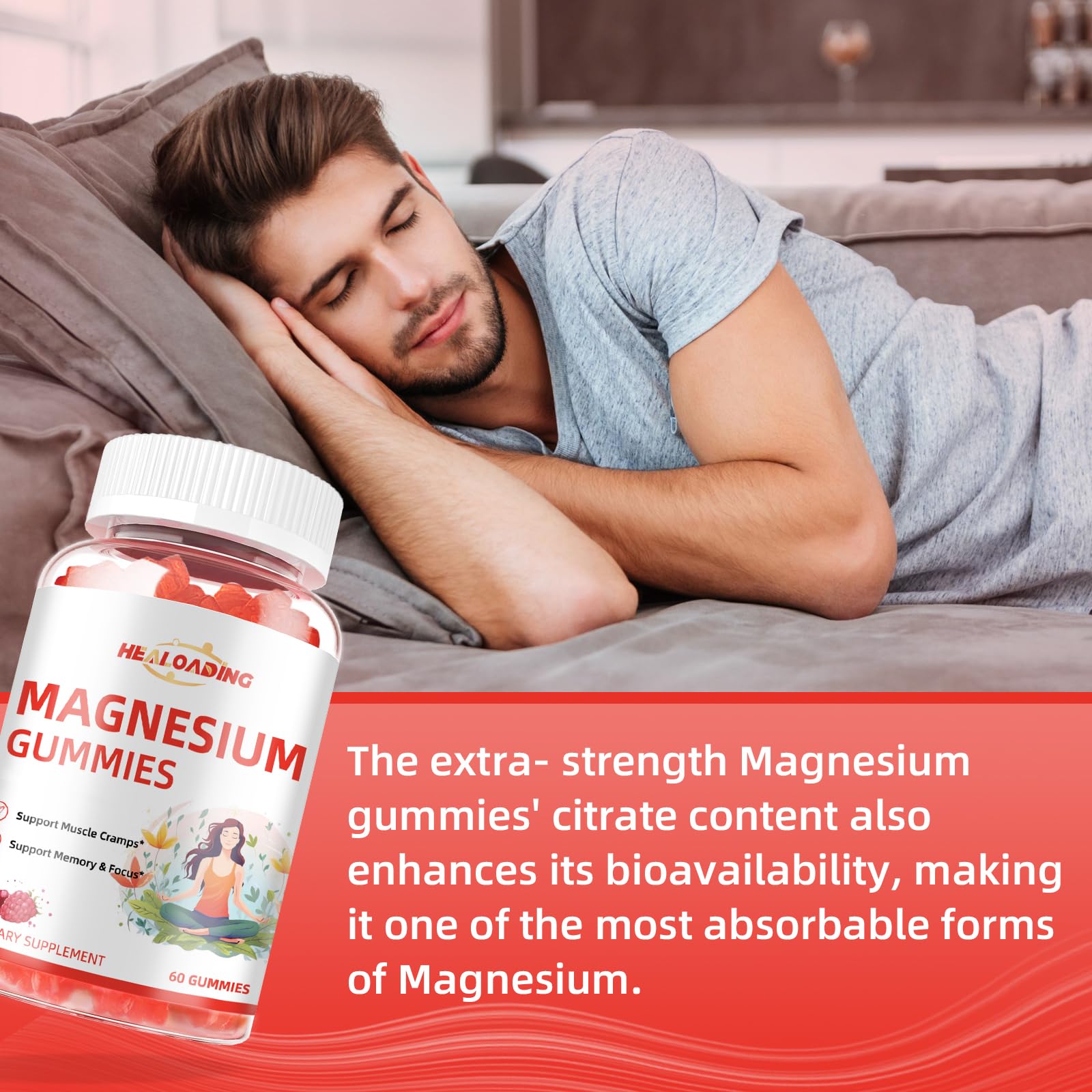 HEALOADING Magnesium Gummies displayed with fresh raspberries
