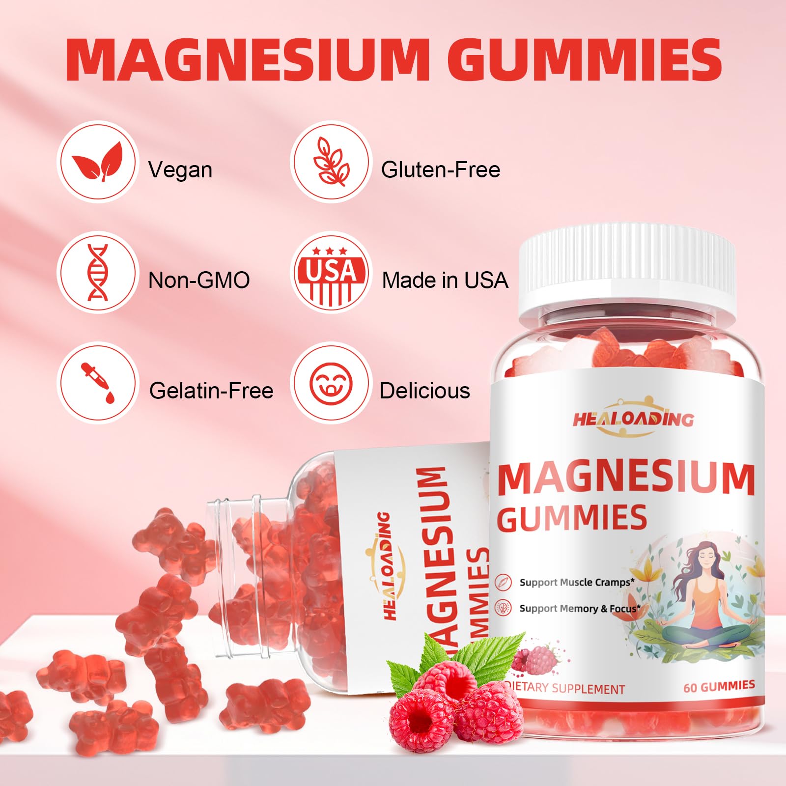 HEALOADING Magnesium Gummies raspberry flavour close-up