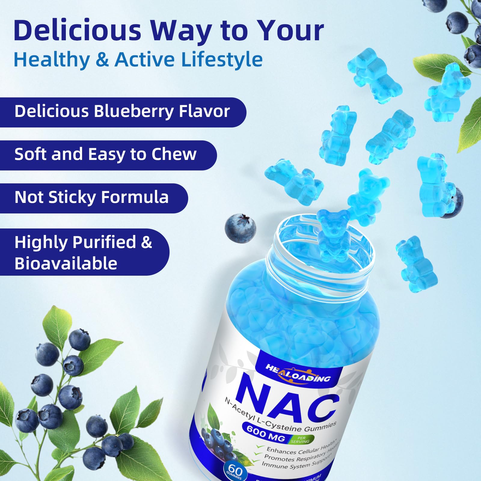 HEALOADING NAC Gummies on a wooden table