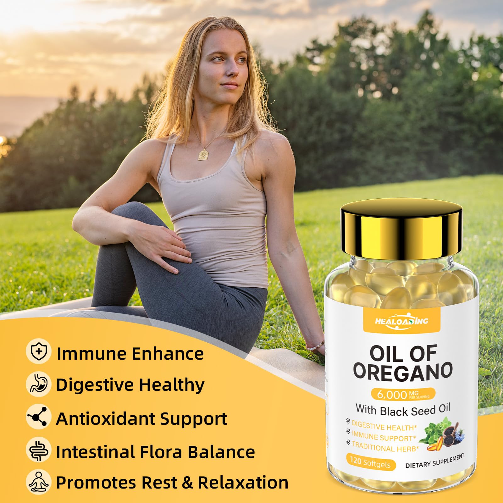 HEALOADING Oregano Oil Softgels packaging with ingredients list
