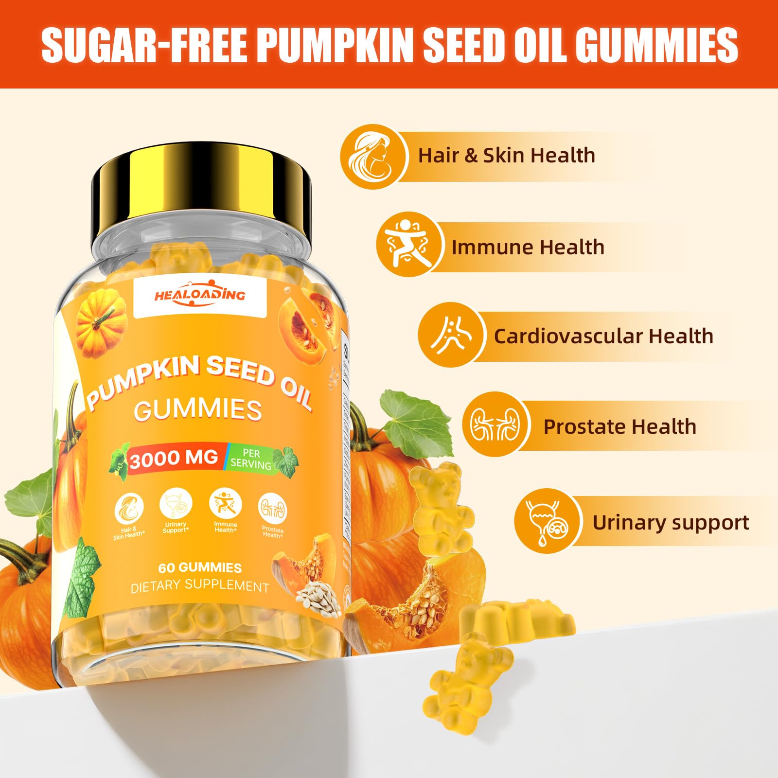 HEALOADING Pumpkin Seed Oil Gummies showing a handful of gummies