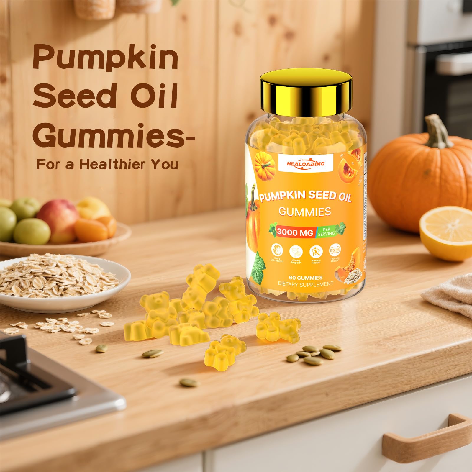 HEALOADING Pumpkin Seed Oil Gummies with a glass of water
