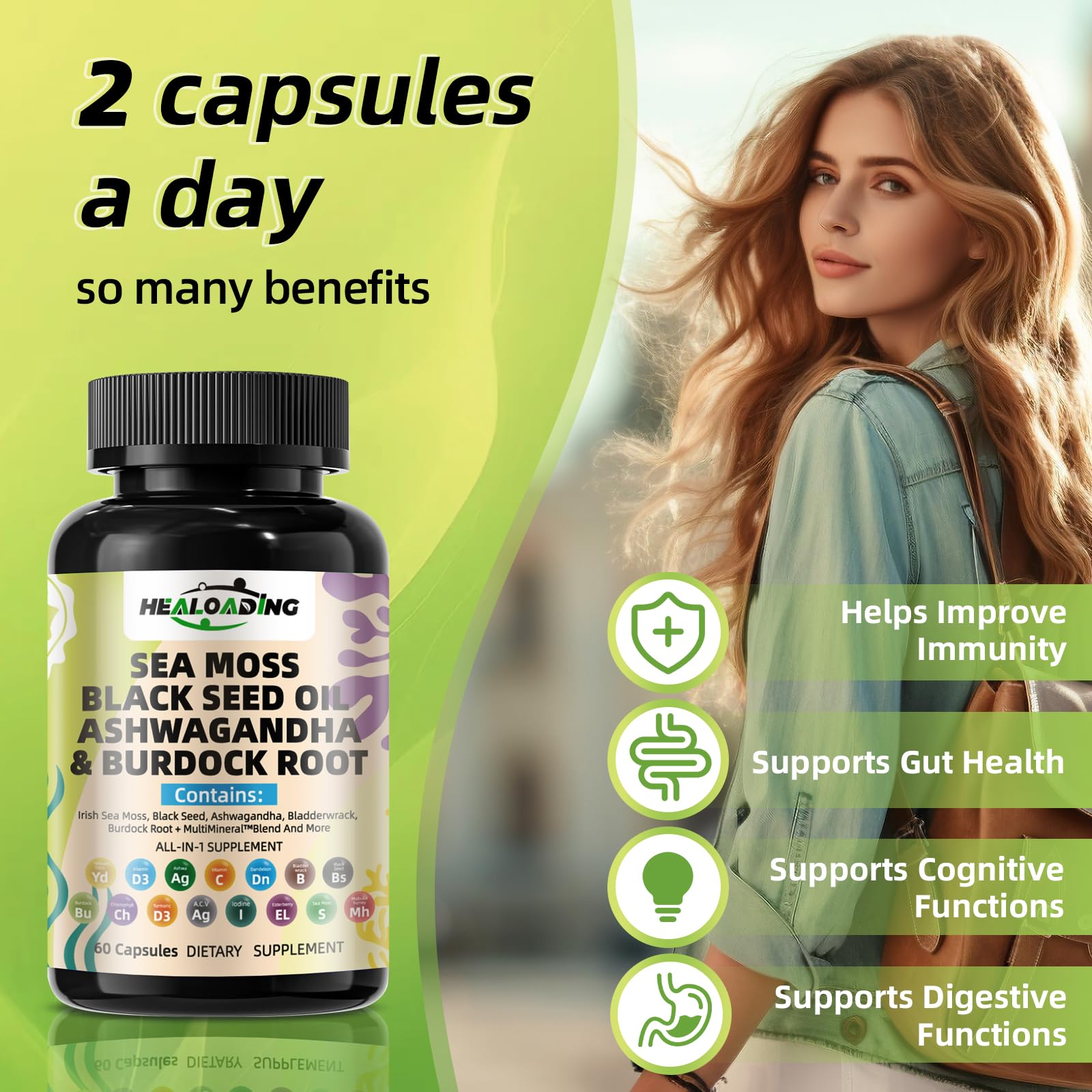 HEALOADING Sea Moss Capsules 350mg capsules in a hand