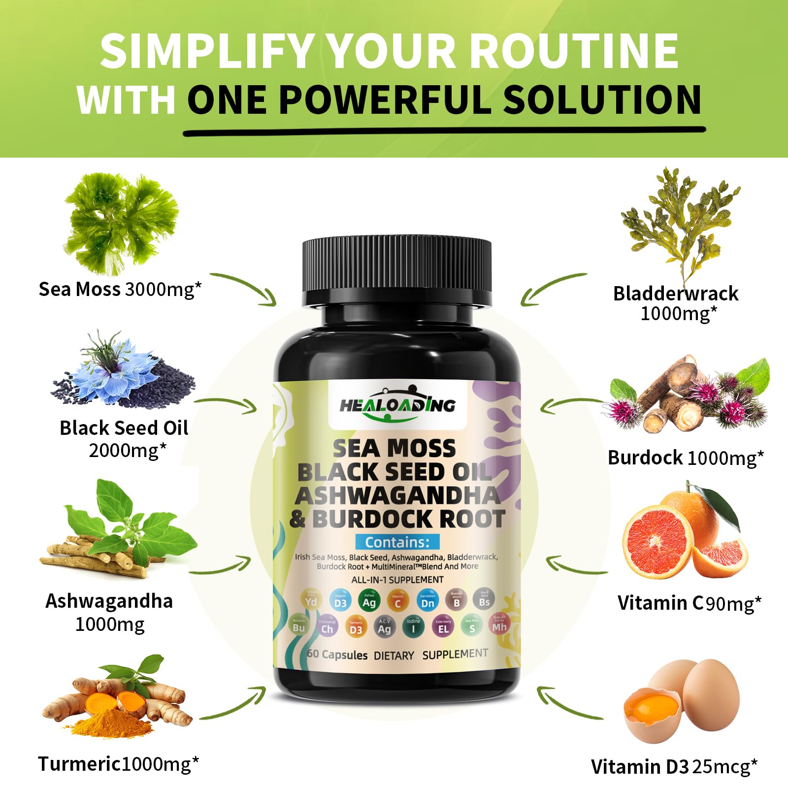 HEALOADING Sea Moss Capsules 350mg close-up of the capsules