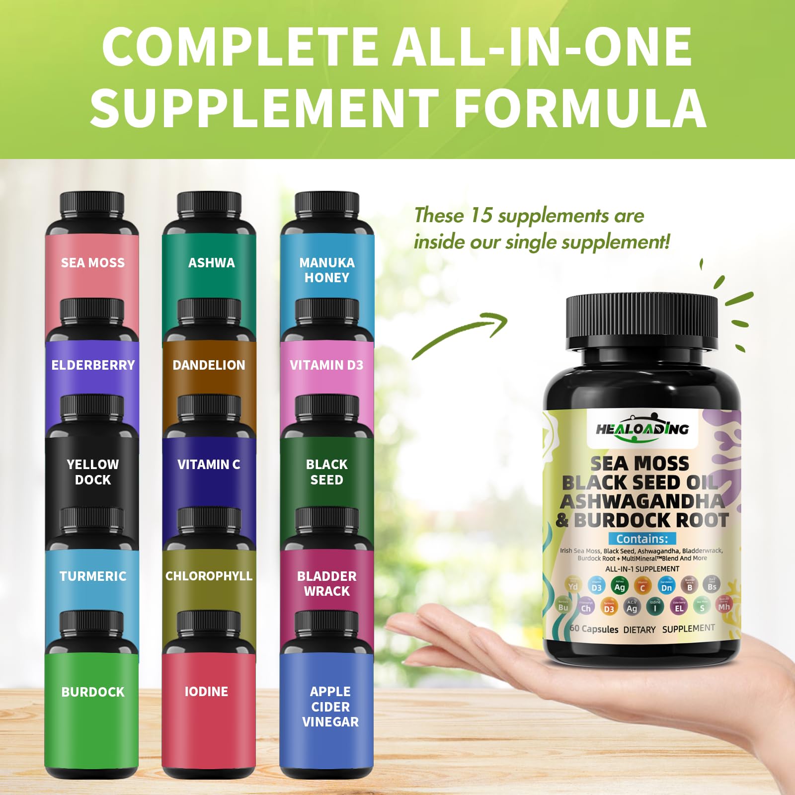 HEALOADING Sea Moss Capsules 350mg displayed on a kitchen counter