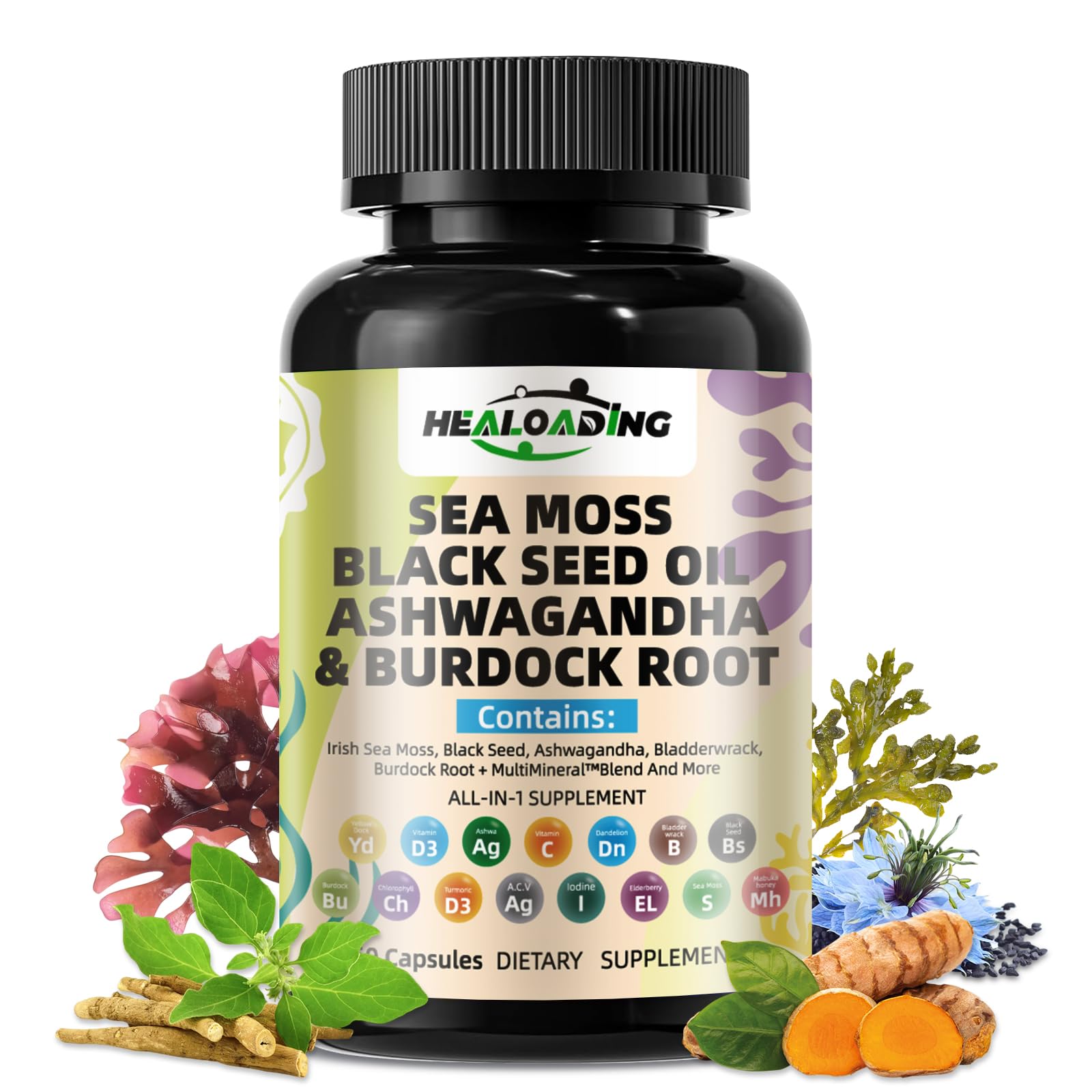 HEALOADING Sea Moss Capsules 350mg front view of the bottle