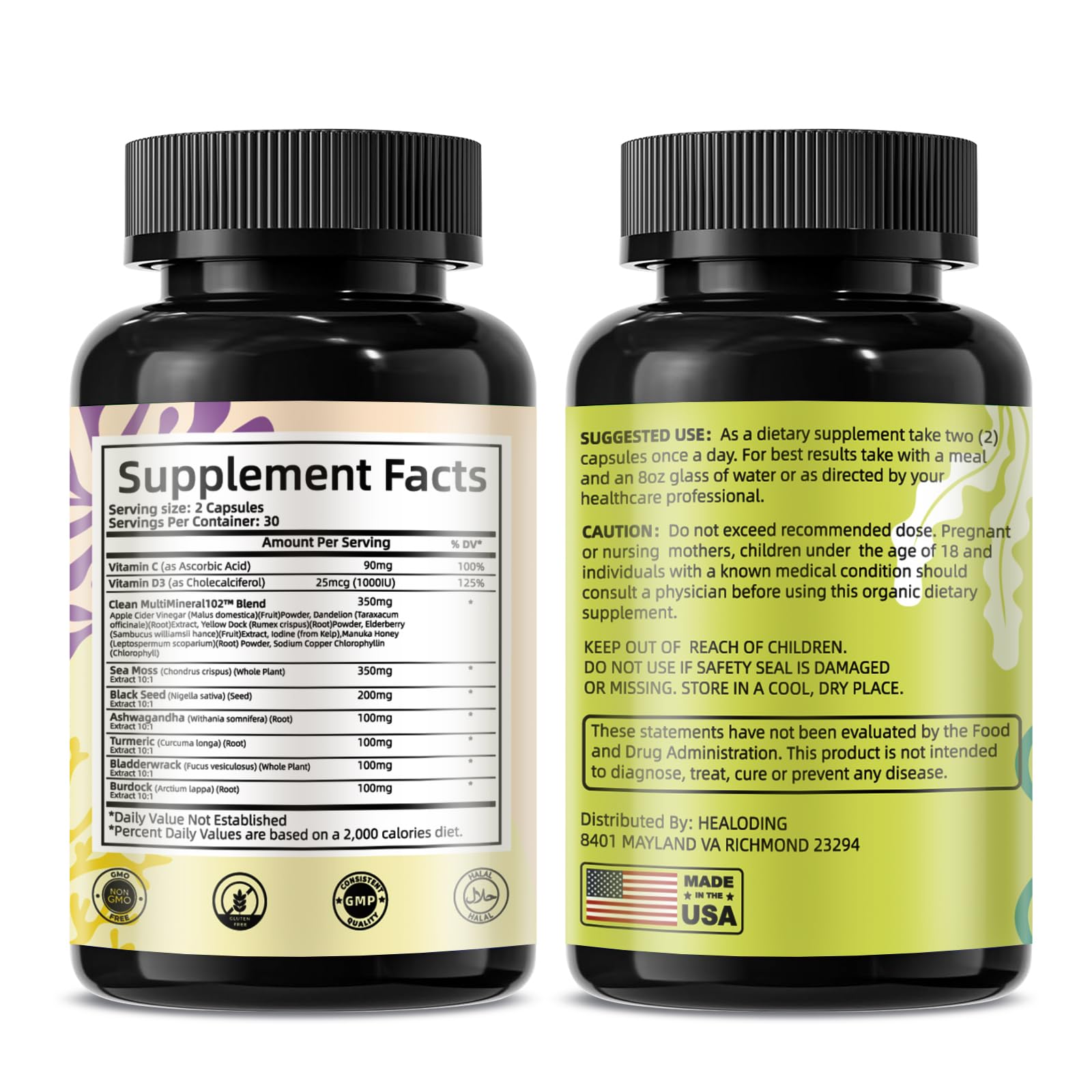 HEALOADING Sea Moss Capsules 350mg packaging and product details