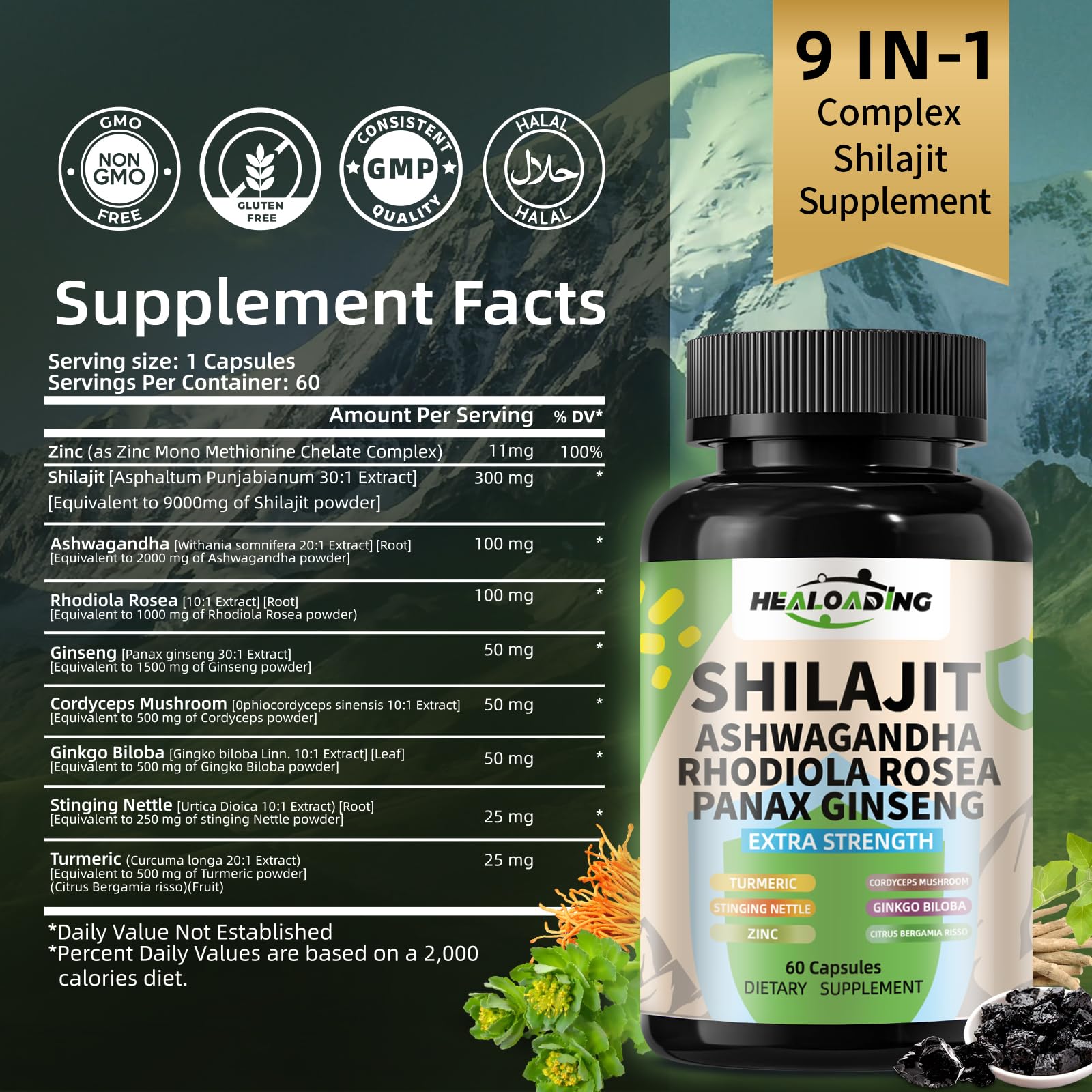 HEALOADING Shilajit Capsules 100g back view with ingredients