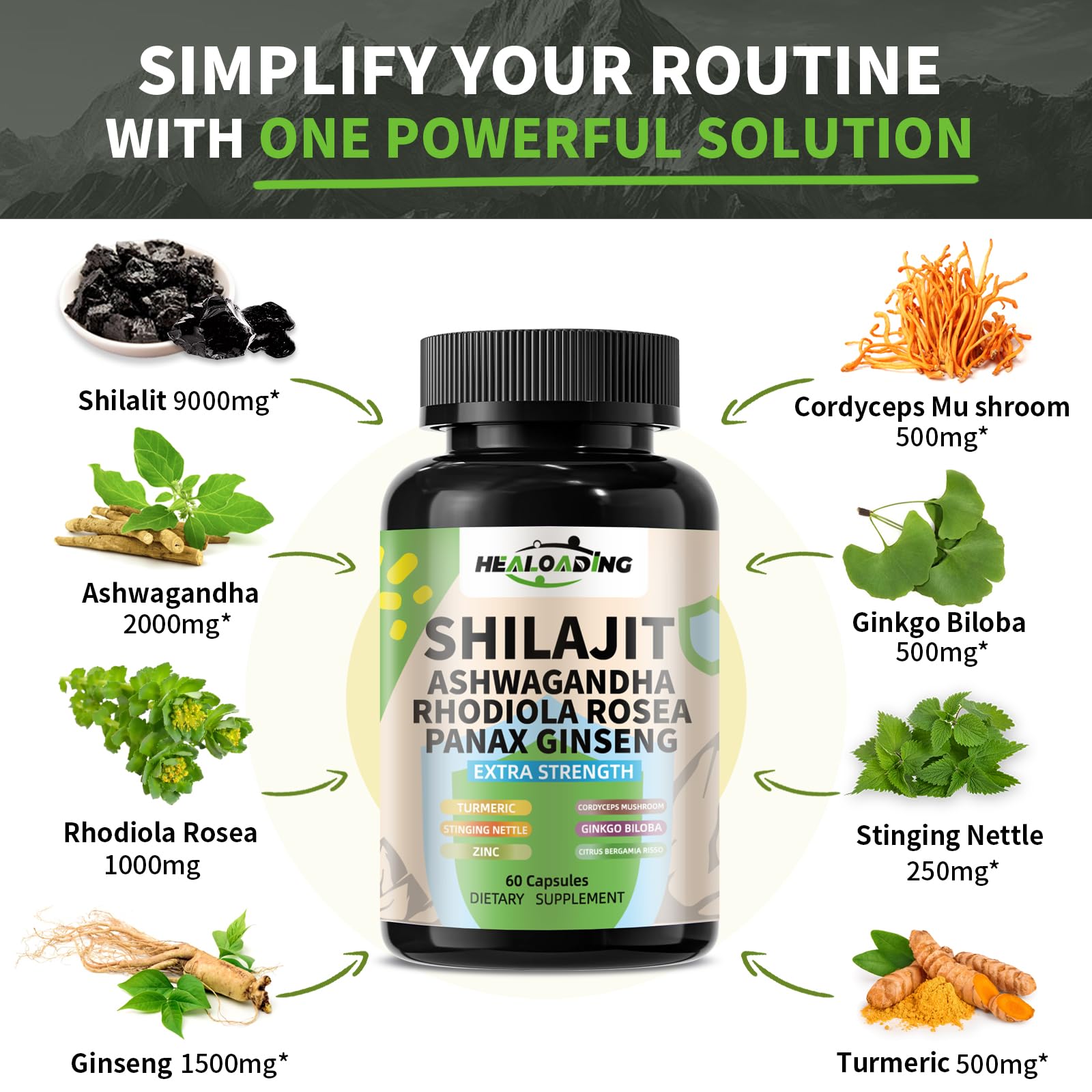 HEALOADING Shilajit Capsules 100g displayed with herbal supplements