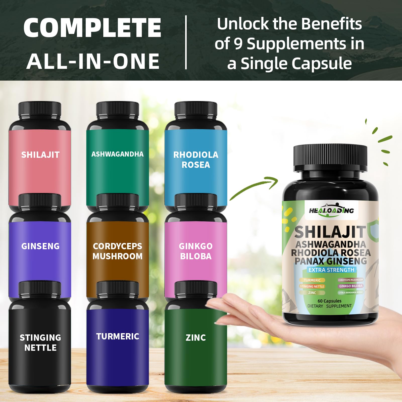 HEALOADING Shilajit Capsules 100g packaging on a wooden surface