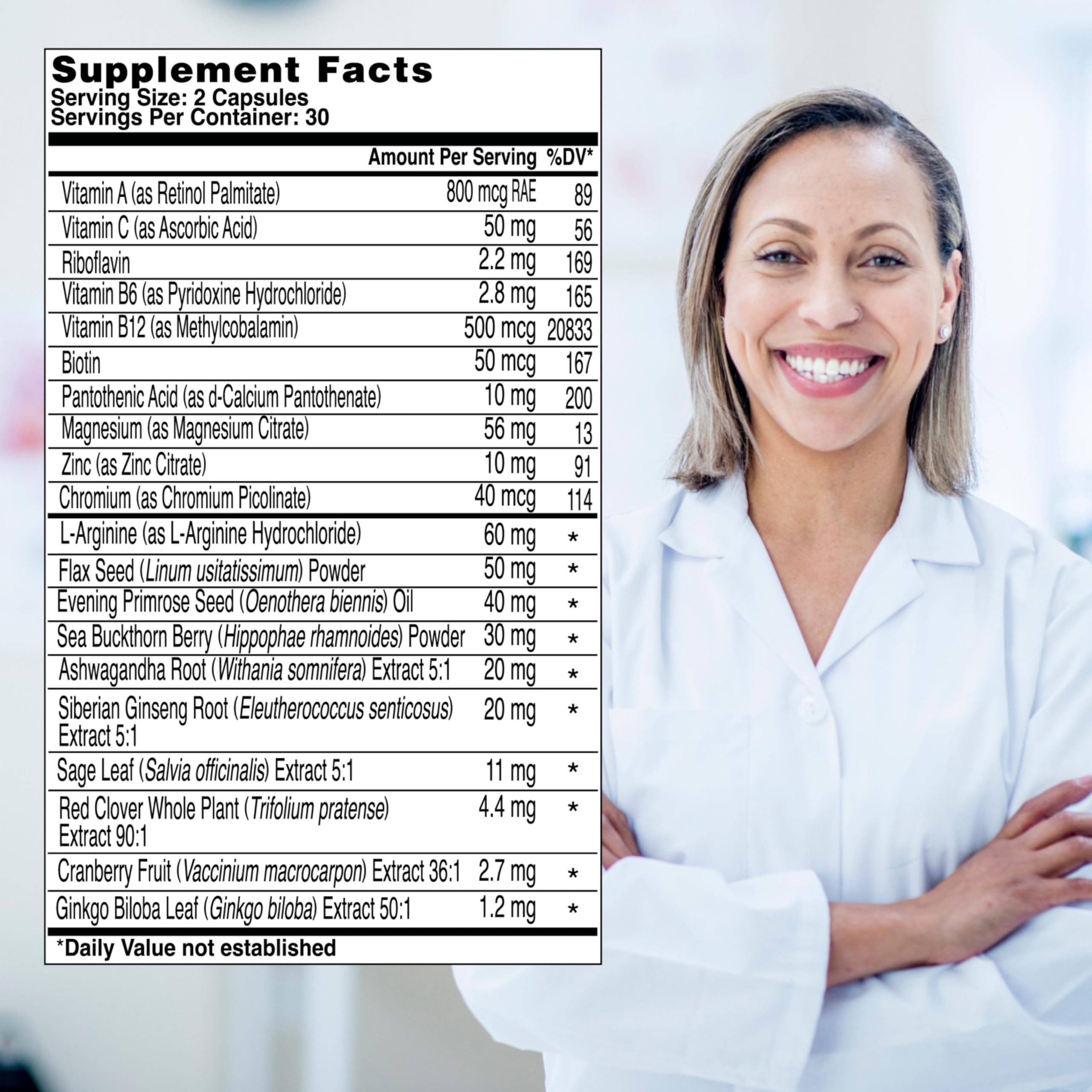 Health and Her Menopause Supplements 170g back view with ingredients