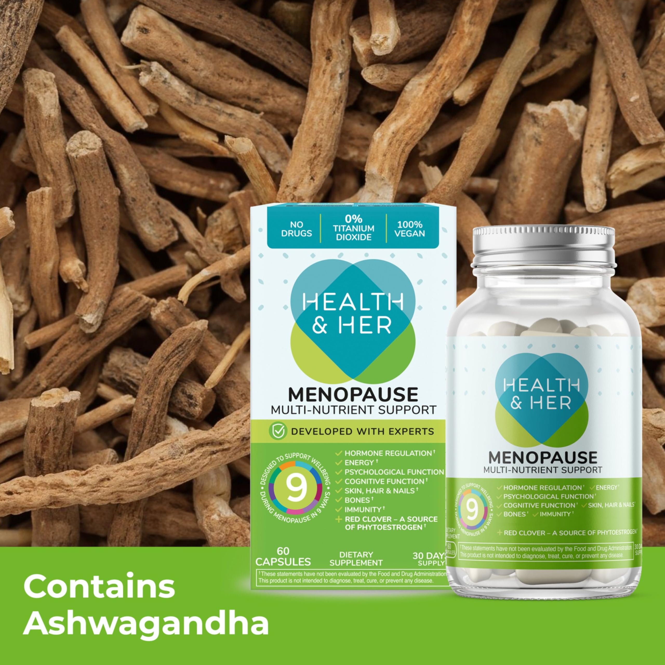 Health and Her Menopause Supplements 170g with app interface