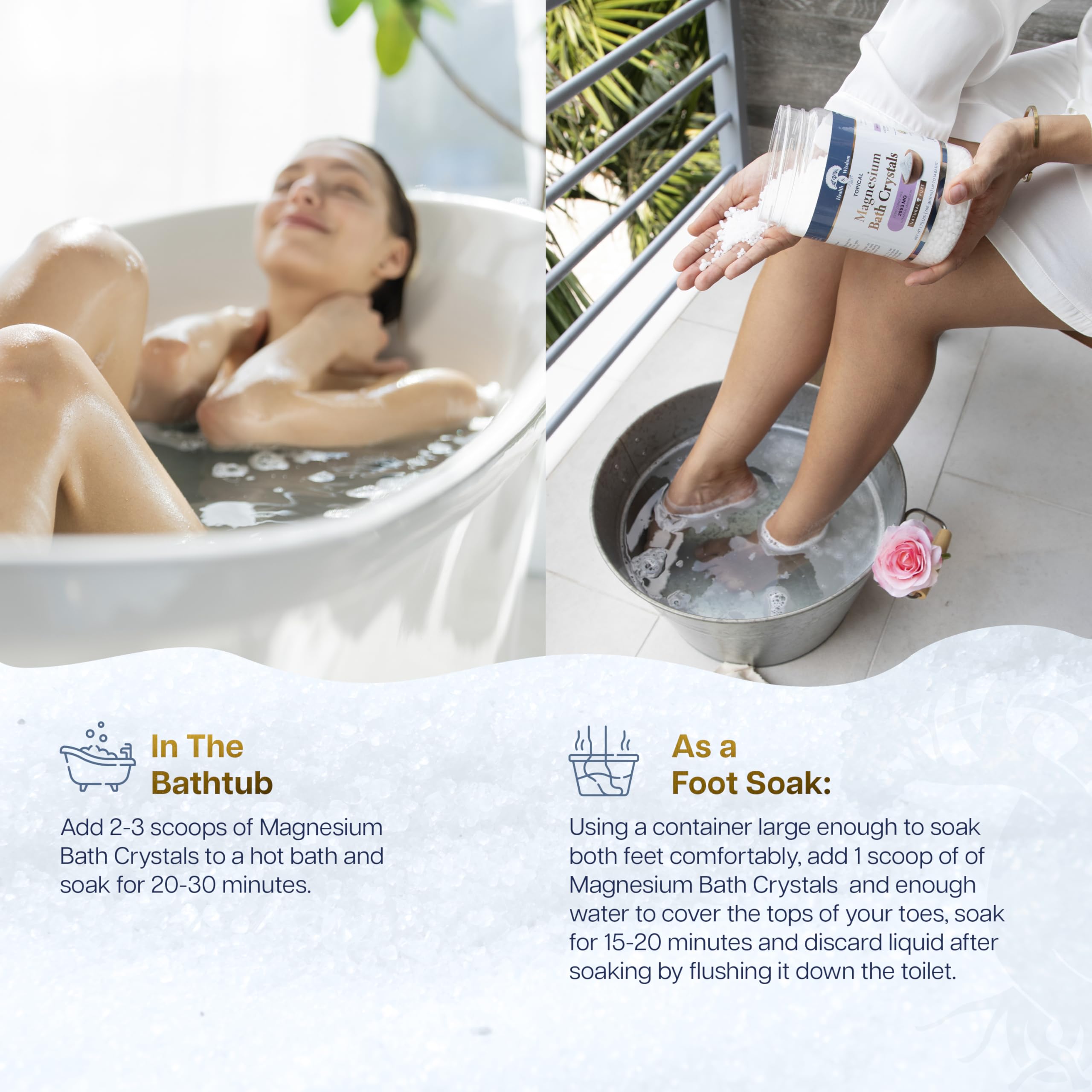 Health and Wisdom Magnesium Bath Crystals in a bath setting