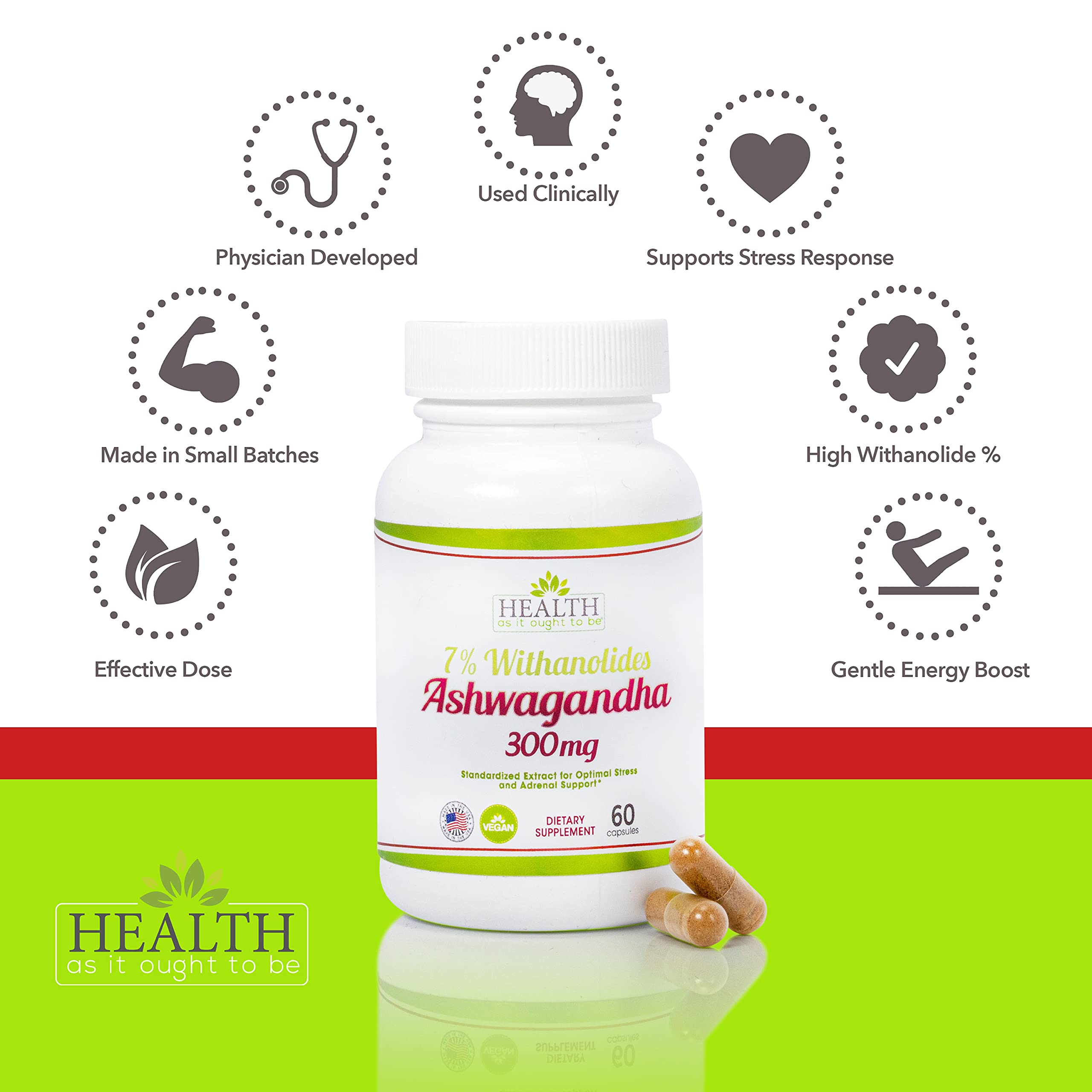 Health As It Ought To Be Ashwagandha Extract capsules on a wooden surface