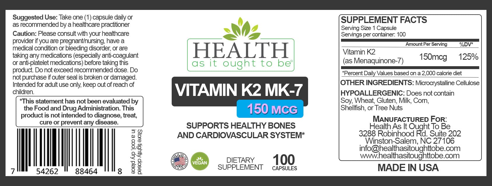 Health As It Ought To Be Vitamin D Supplement side view
