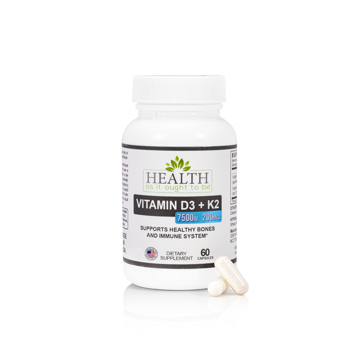 Health As It Ought To Be Vitamin D3 & K2 Combination capsules front view
