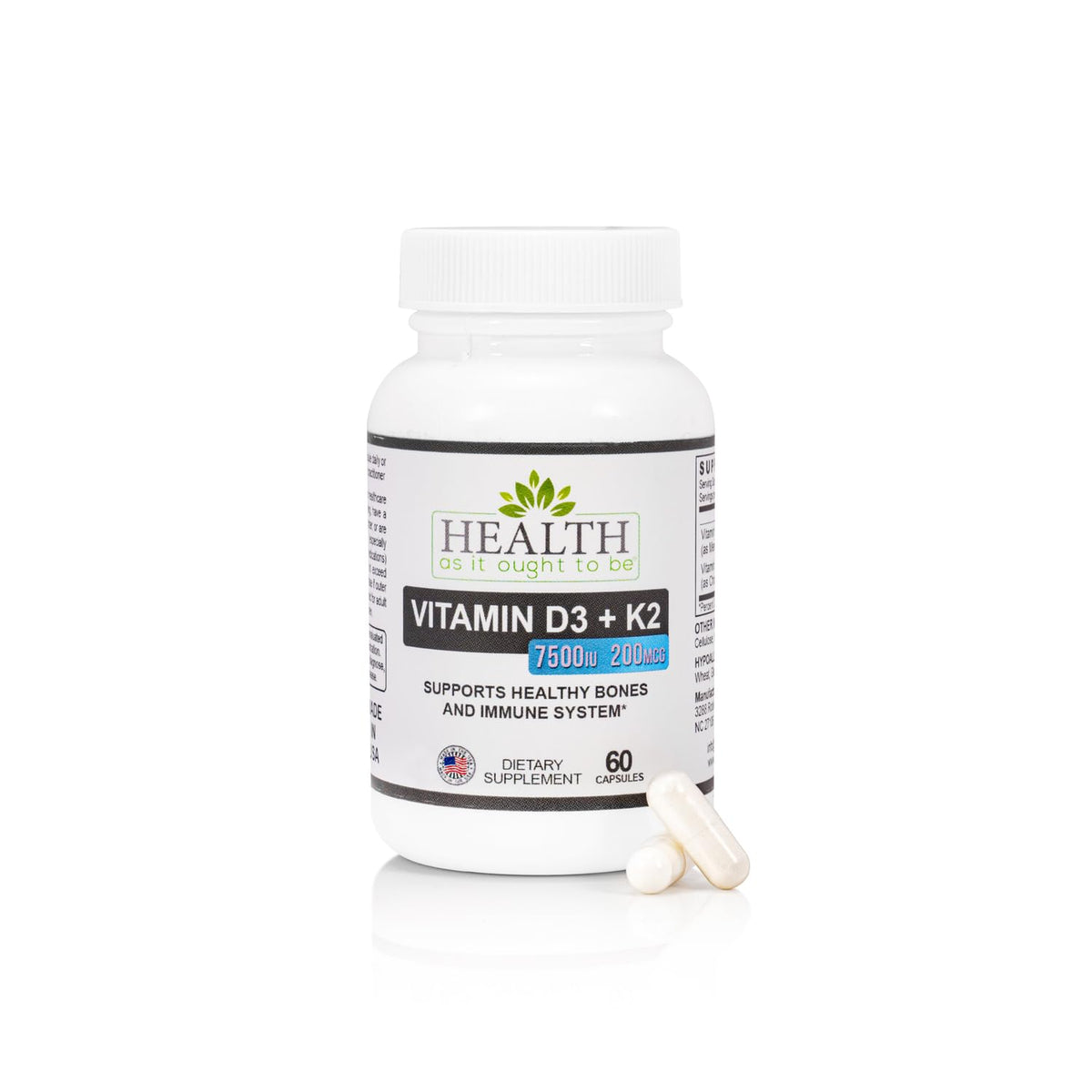 Health As It Ought To Be Vitamin D3 & K2 Combination capsules front view