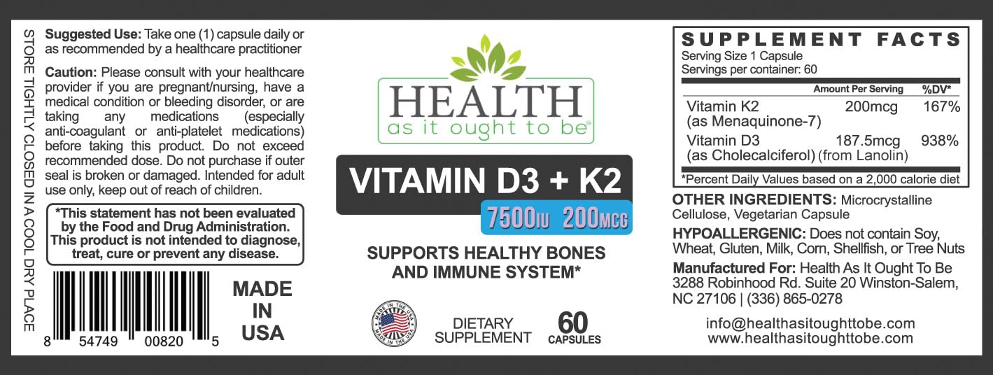 Health As It Ought To Be Vitamin D3 & K2 Combination capsules side view