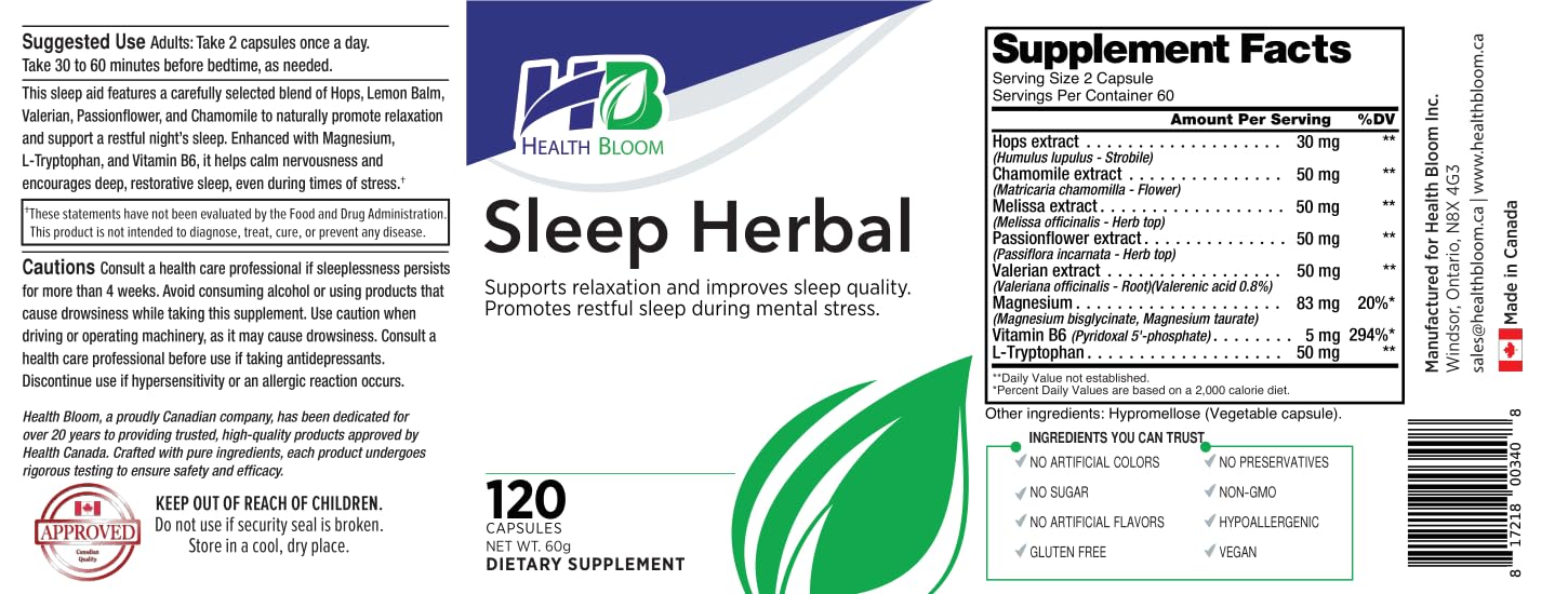 Health Bloom Inc. Sleep Herbal 120 Capsules back view with ingredient list