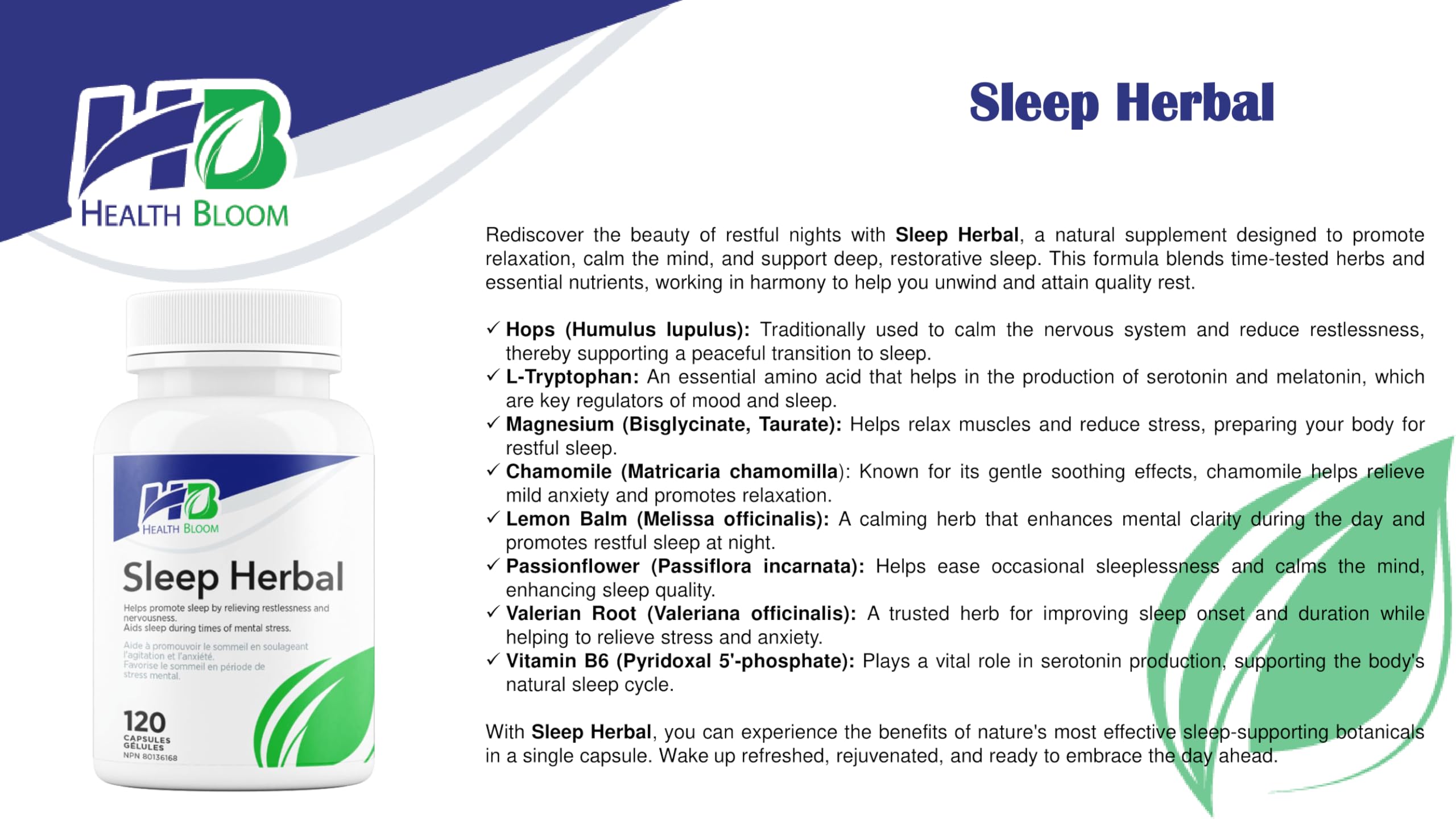 Health Bloom Inc. Sleep Herbal 120 Capsules lifestyle scene on a bedside table