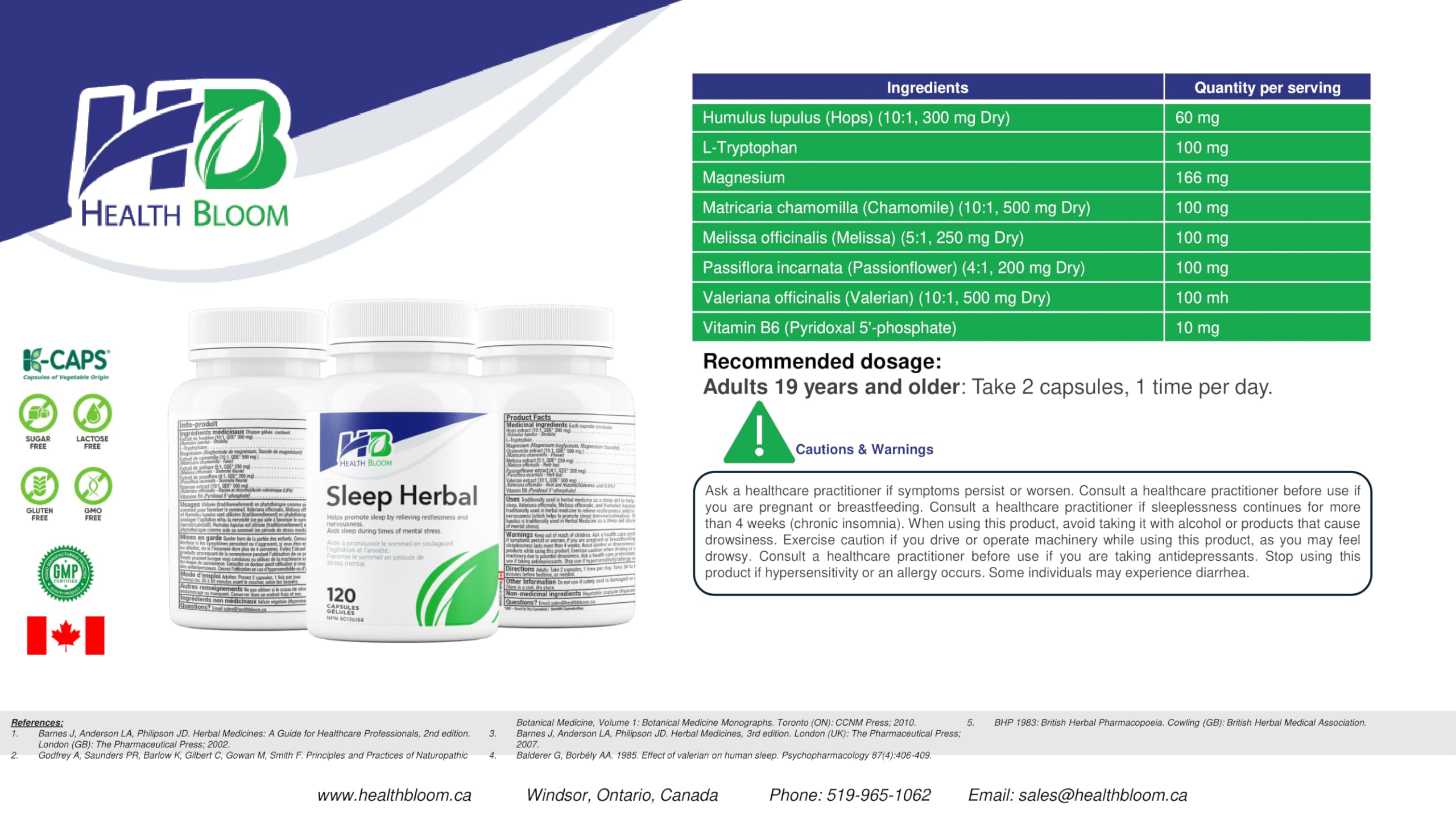 Health Bloom Inc. Sleep Herbal 120 Capsules packaging with a plant background