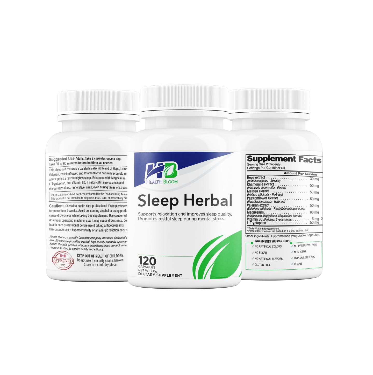 Health Bloom Inc. Sleep Herbal 120 Capsules side view